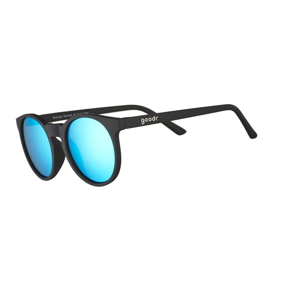 Rare Air Discs Midnight Ramble At Circle Bar polarized sunglasses with black frames and dark lenses, side view.