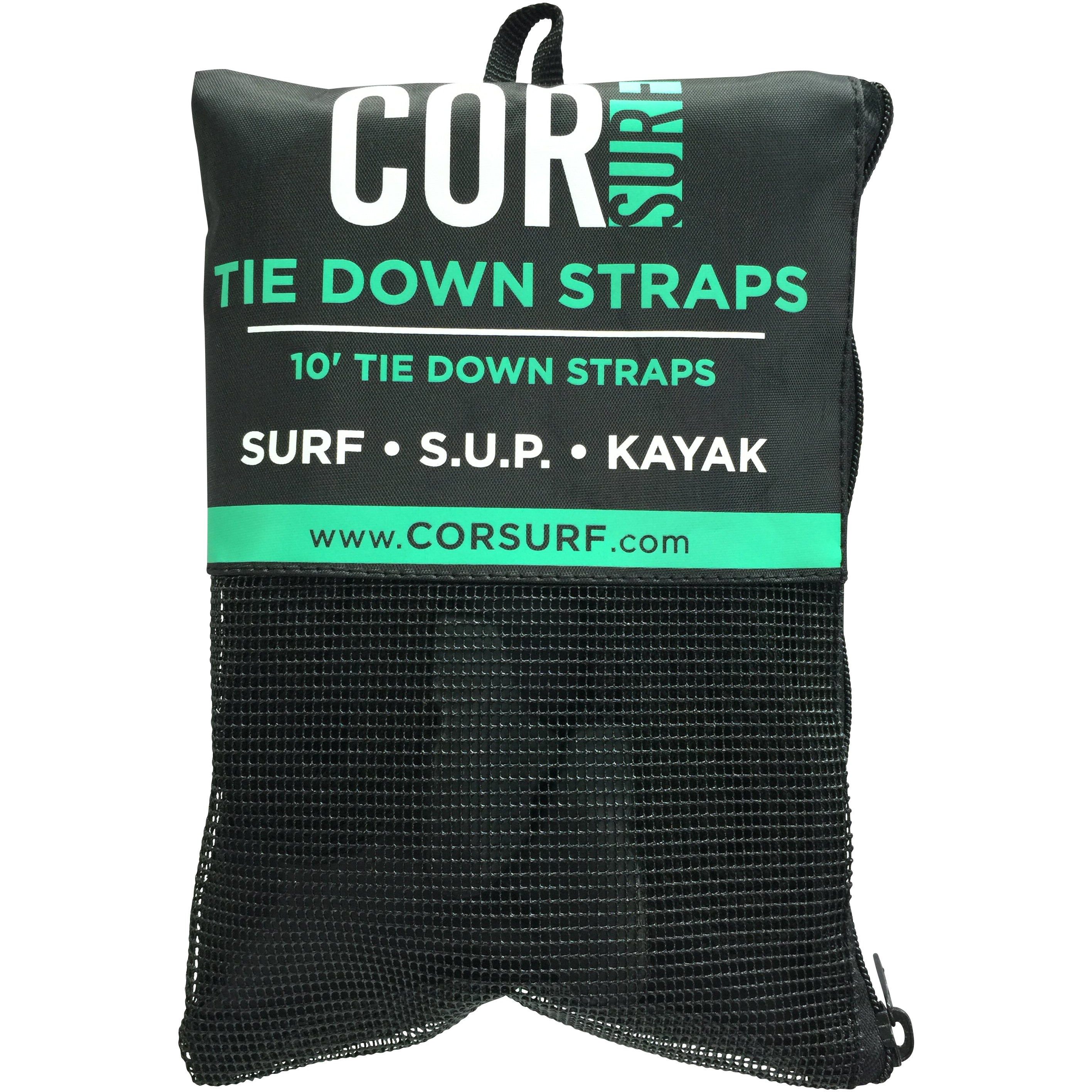 Cor Surf scratch-resistant silicone tie-down straps, 10 and 15 ft, shown in package with secure, durable design for cargo securing.