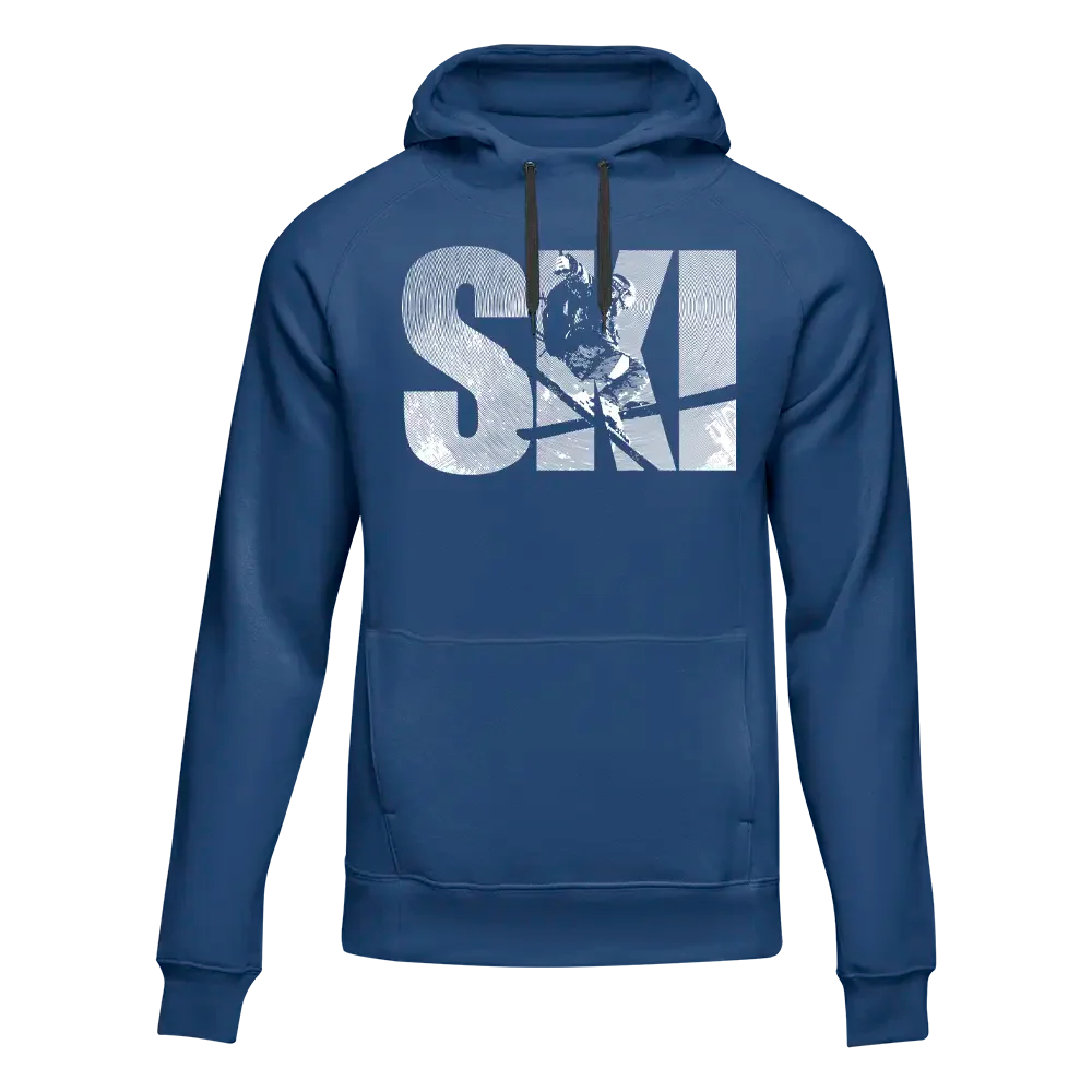 Blue outdoor fleece hoodie for adults by Outdoorzees, ideal for skiing and outdoor winter activities.