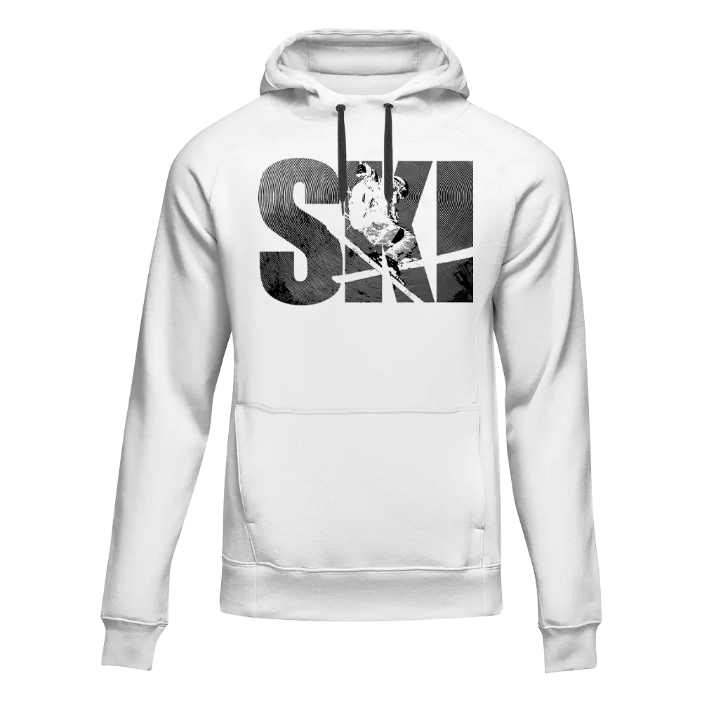 White adult fleece hoodie by Outdoorzees, designed for skiing and outdoor winter activities, featuring a cozy, warm fit.