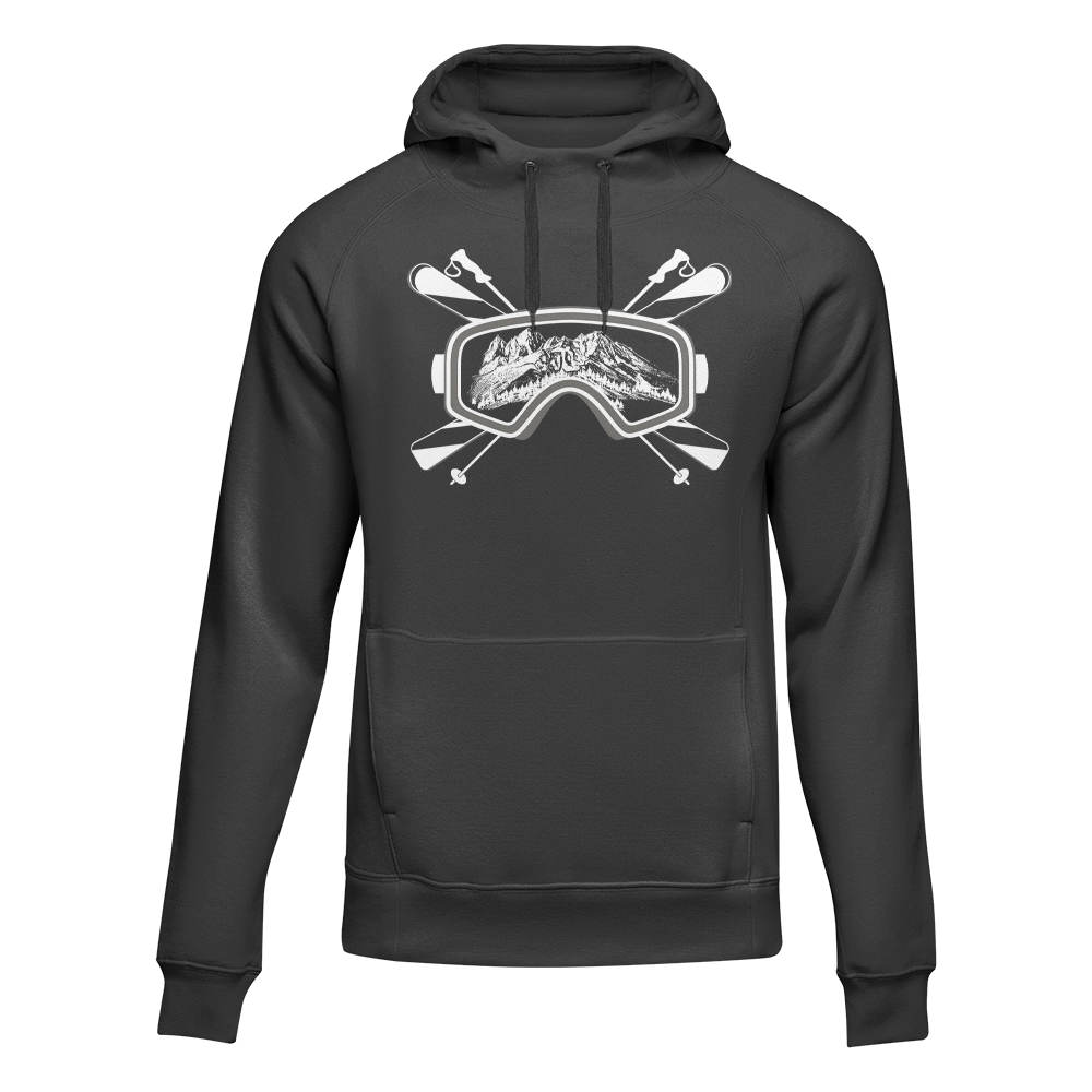 Black fleece hoodie with ski goggles from Outdoorzees, featuring a cozy fit and winter sports style.