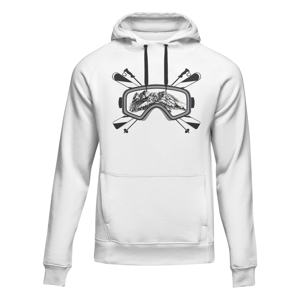 White fleece hoodie from Outdoorzees featuring ski goggles design, perfect for outdoor winter activities and casual wear.