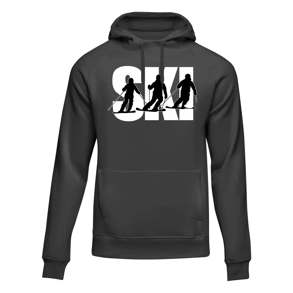 Black Ski Graphic Fleece Hoodie by Outdoorzees, unisex winter sports apparel with ski-themed design and cozy fleece material