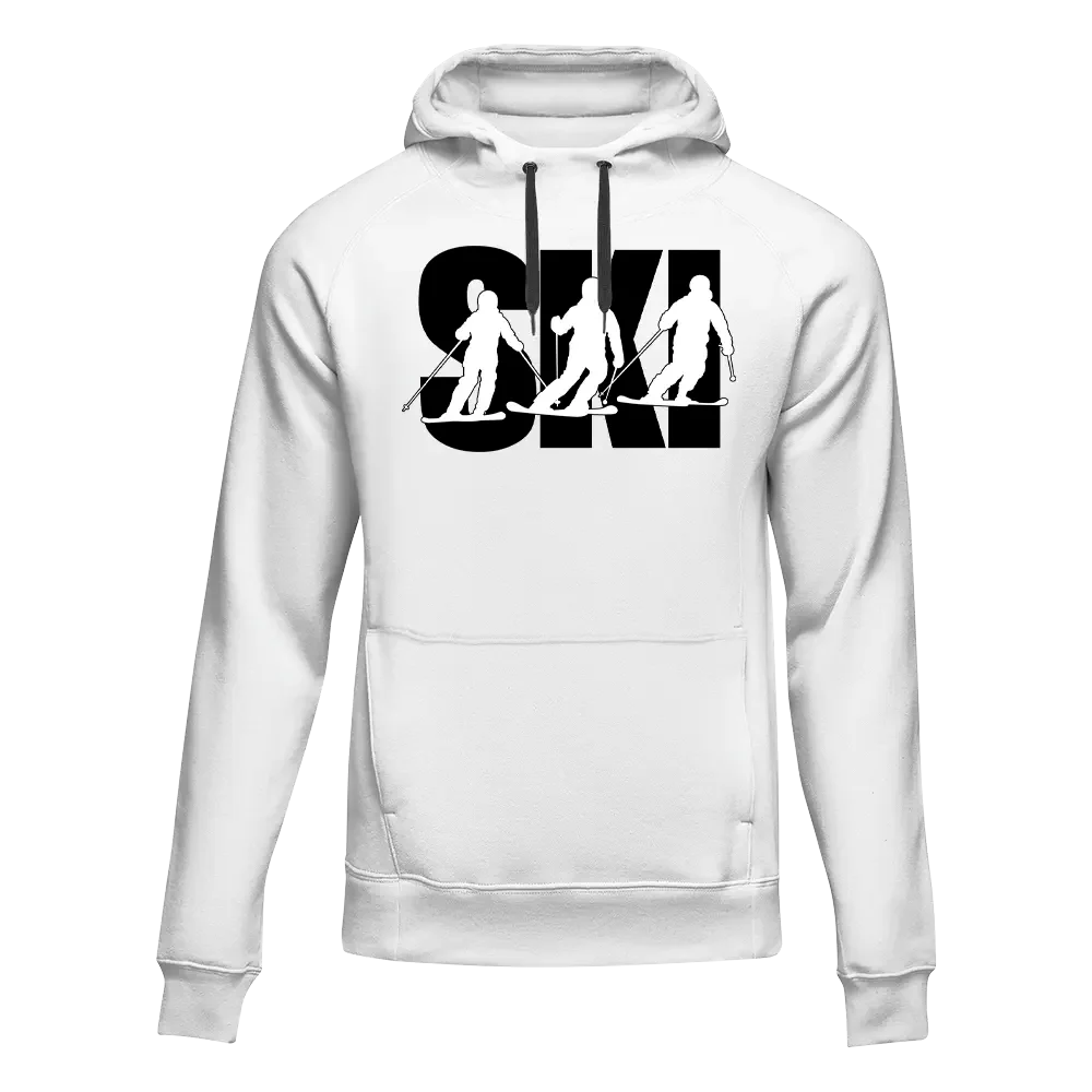 White Ski Graphic Fleece Hoodie by Outdoorzees, unisex winter sports apparel with ski-themed design and cozy fleece material.