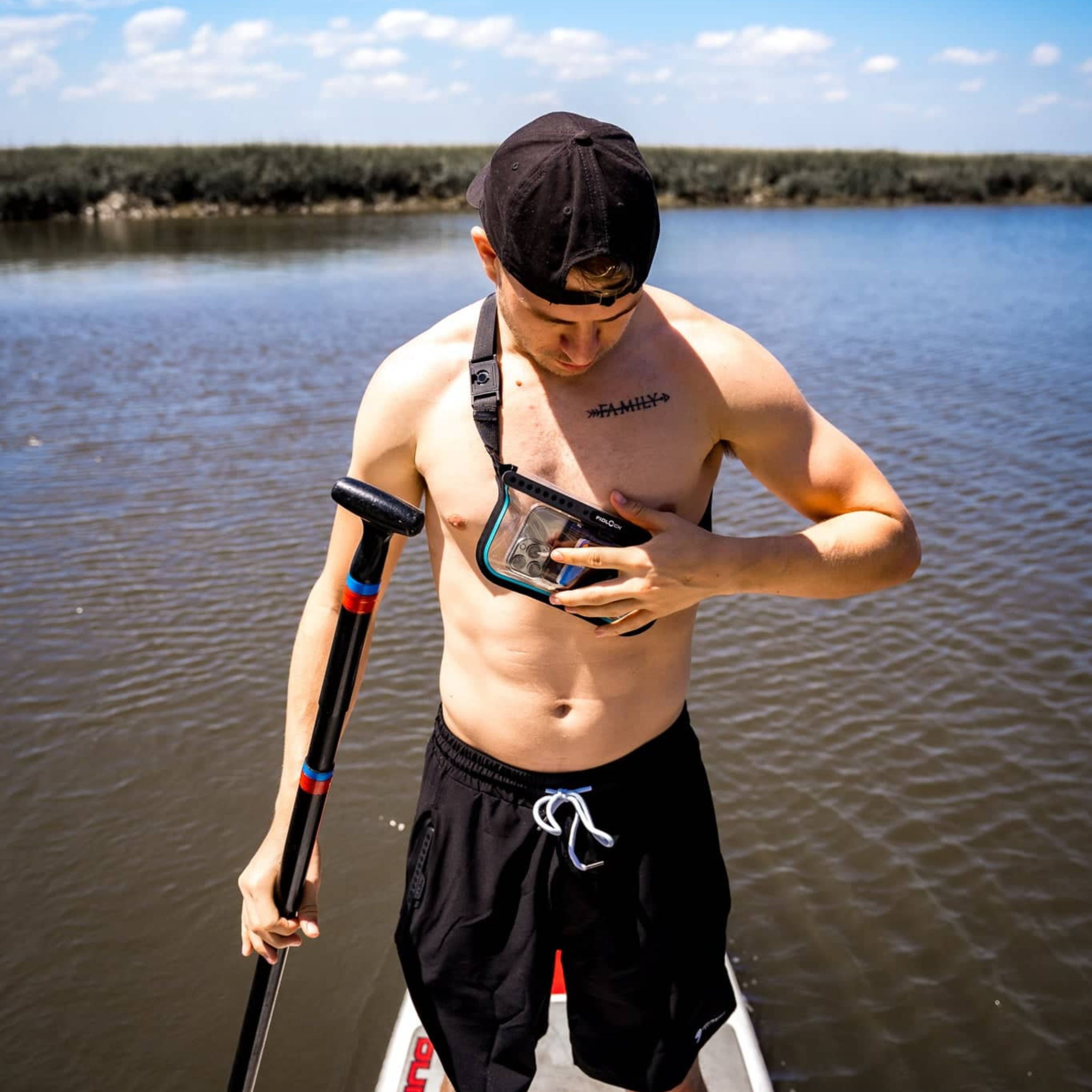 Dry Pocket waterproof sling bag for luggage and outdoor activities, featuring a secure dry compartment and adjustable strap.