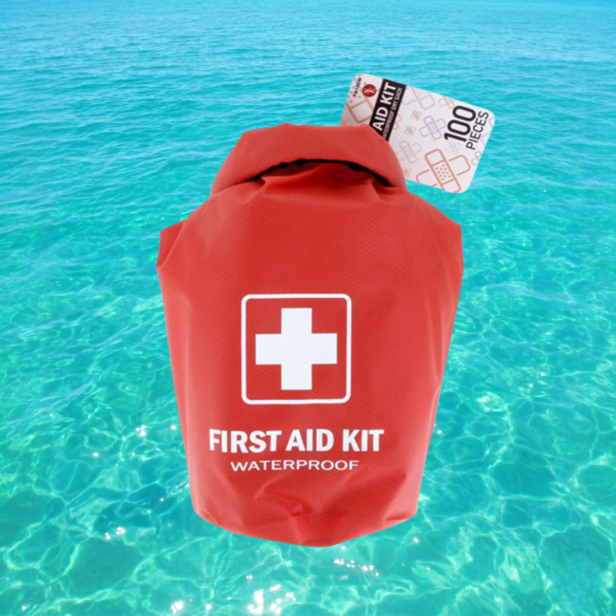 Red waterproof dry bag with first aid kit inside, compact all-purpose first aid kit from quakekits.com for emergency preparedness.