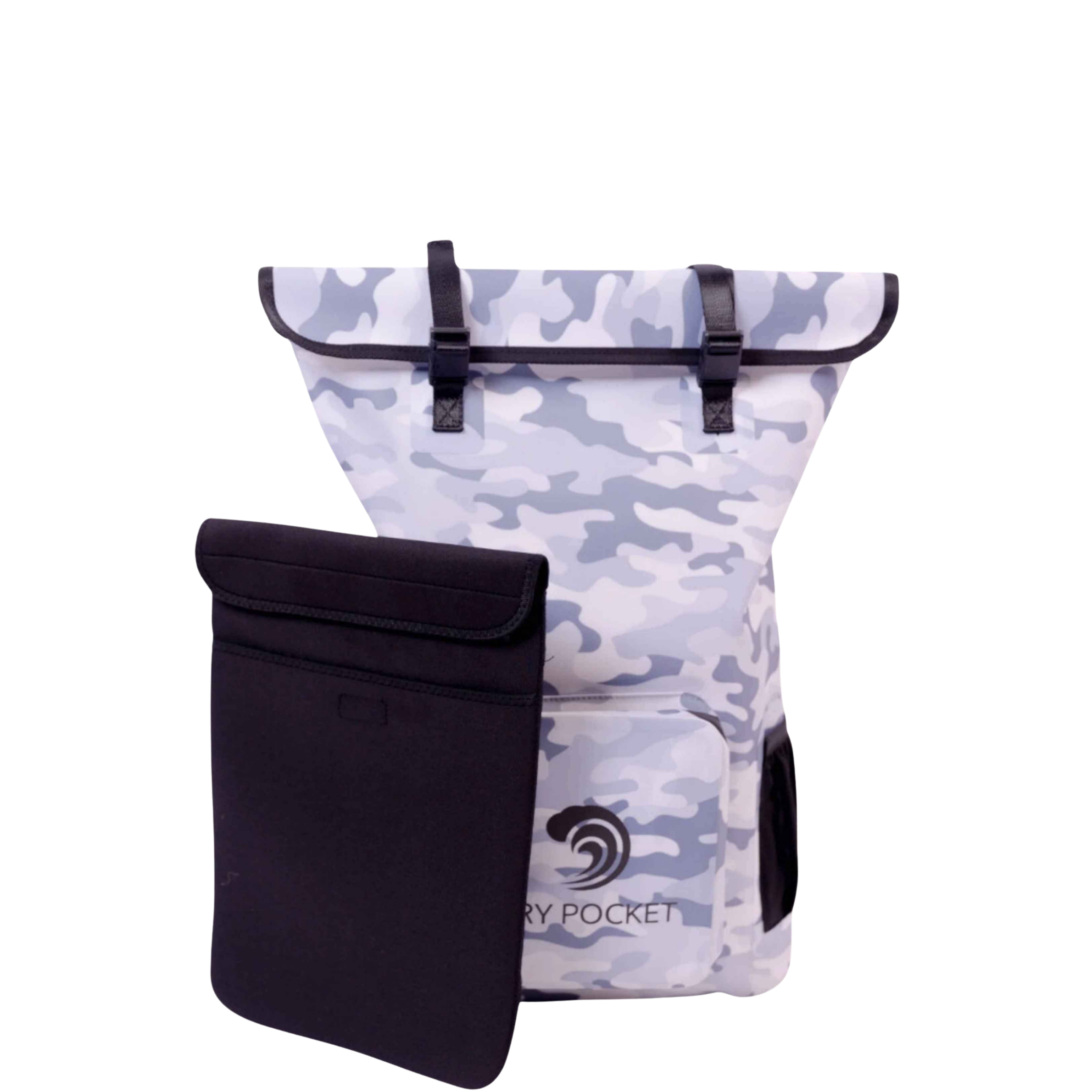 Snow camo waterproof floating backpack dry bag by Dry Pocket, designed for secure, dry storage on outdoor water adventures.
