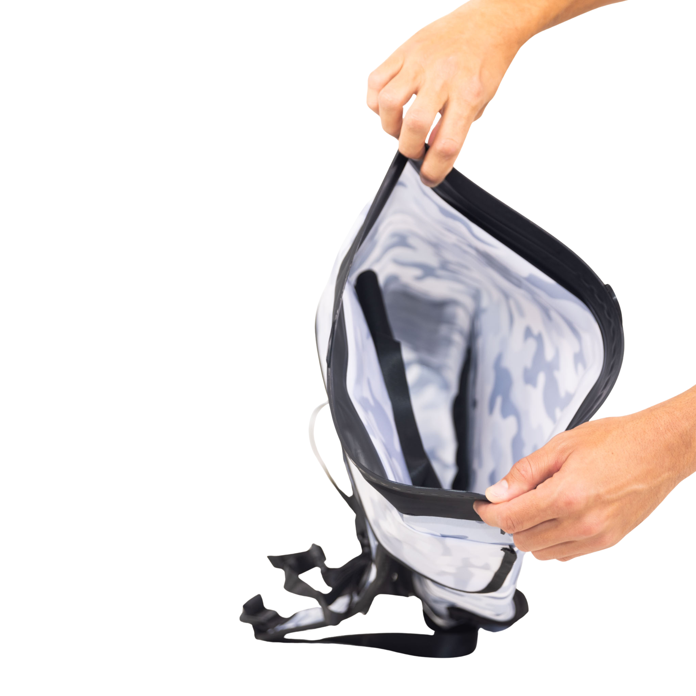 Snow camo waterproof floating backpack dry bag by Dry Pocket, designed for secure storage on water and outdoor adventures.