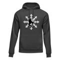 Black snowboard hoodie for adults with snowflake design by Outdoorzees, made from cozy fleece material.