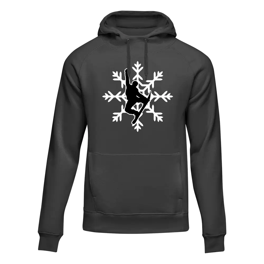 Black snowboard hoodie for adults with snowflake design by Outdoorzees, made from cozy fleece material.