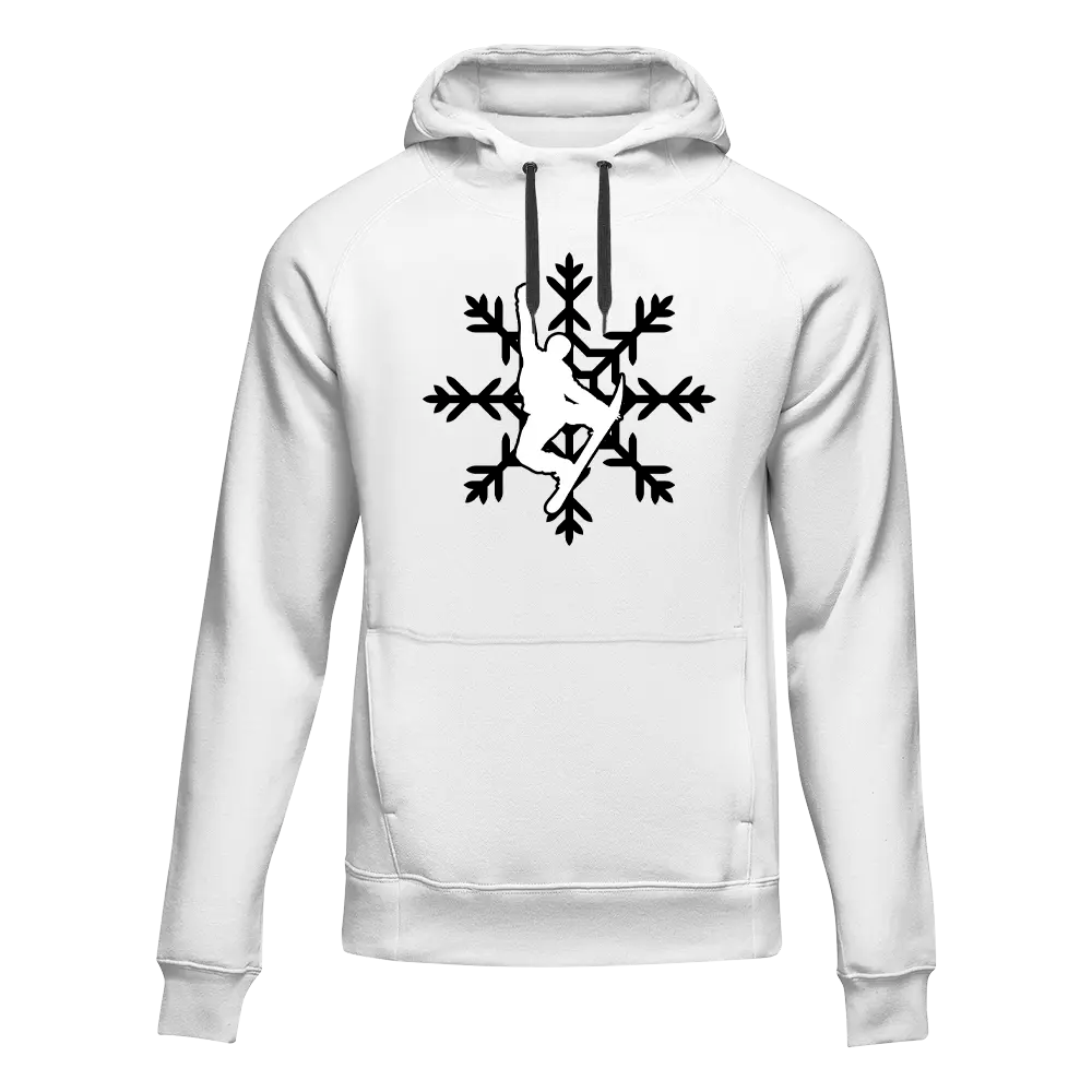 White snowboard hoodie with snowflake design for adults by Outdoorzees, made from cozy fleece material.