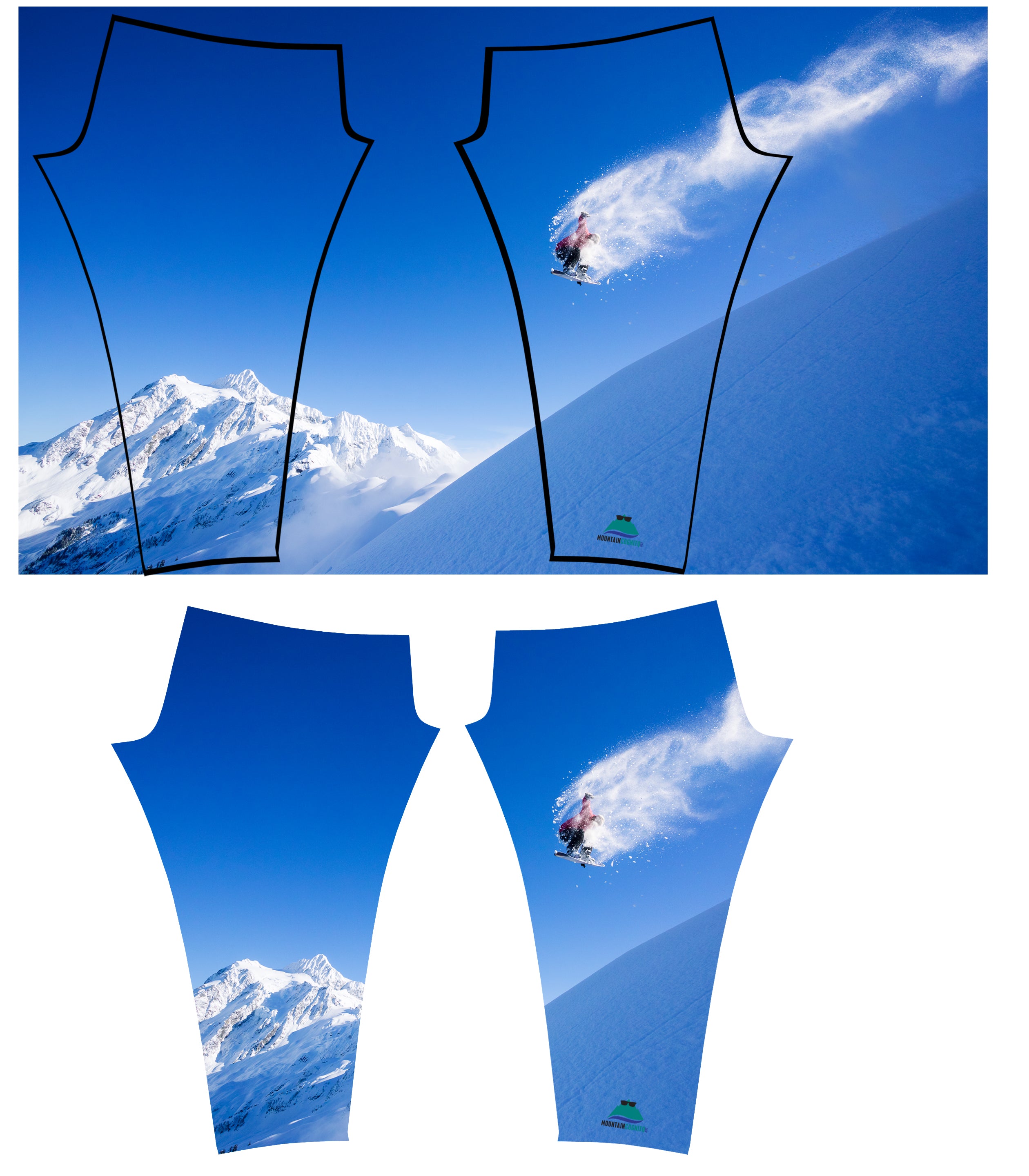 Patterned all sport leggings by Cognito Brands featuring a snowboarder and mountain print design.