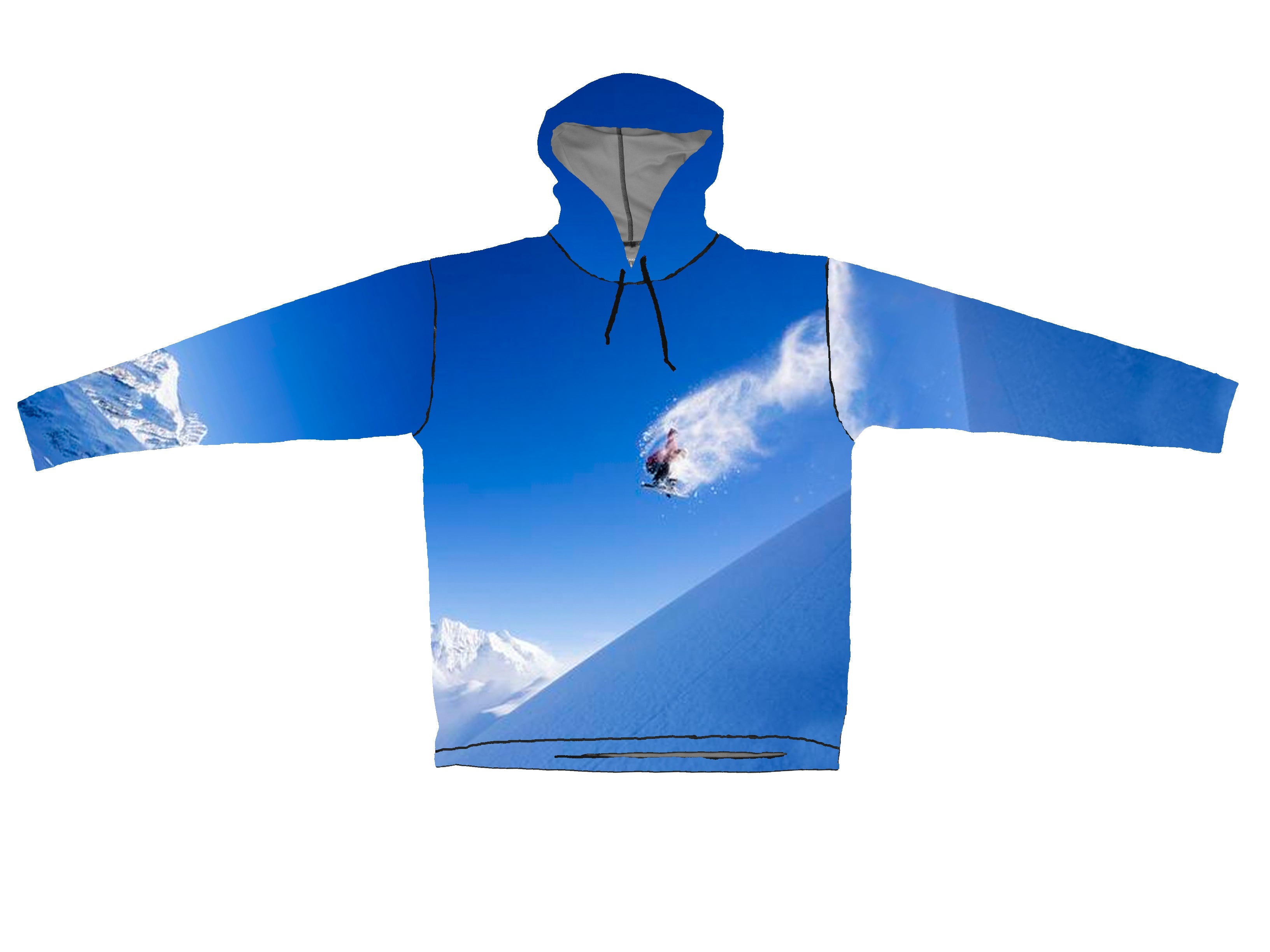 Cognito Brands Sunpro Hoodie featuring a mountain graphic and snowboarder design, lightweight and casual for outdoor winter wear.