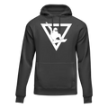 Black snowboarder geometry fleece hoodie for adults by Outdoorzees, featuring a bold snowboarder and geometric pattern design.