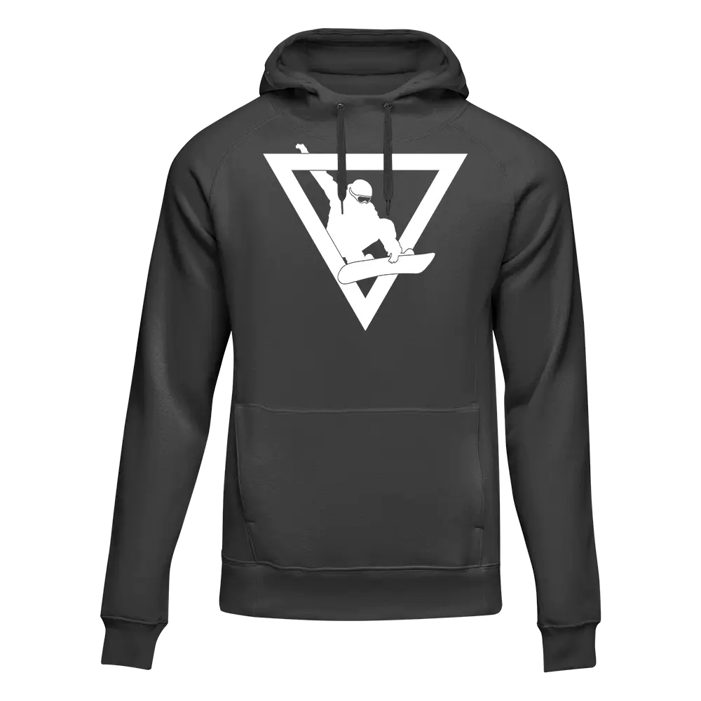 Black snowboarder geometry fleece hoodie for adults by Outdoorzees, featuring a bold snowboarder and geometric pattern design.