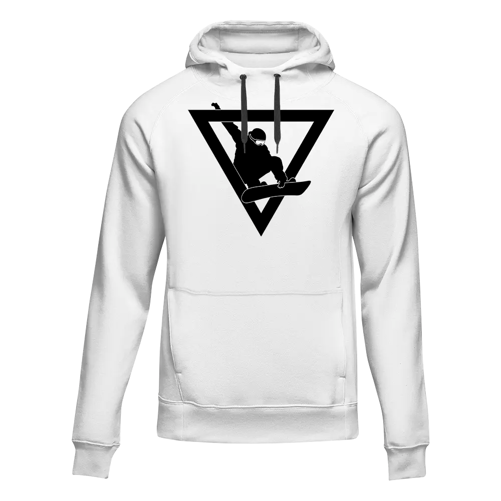 White outdoor fleece hoodie with snowboarder geometry print by Outdoorzees, featuring a comfortable fit and casual style.