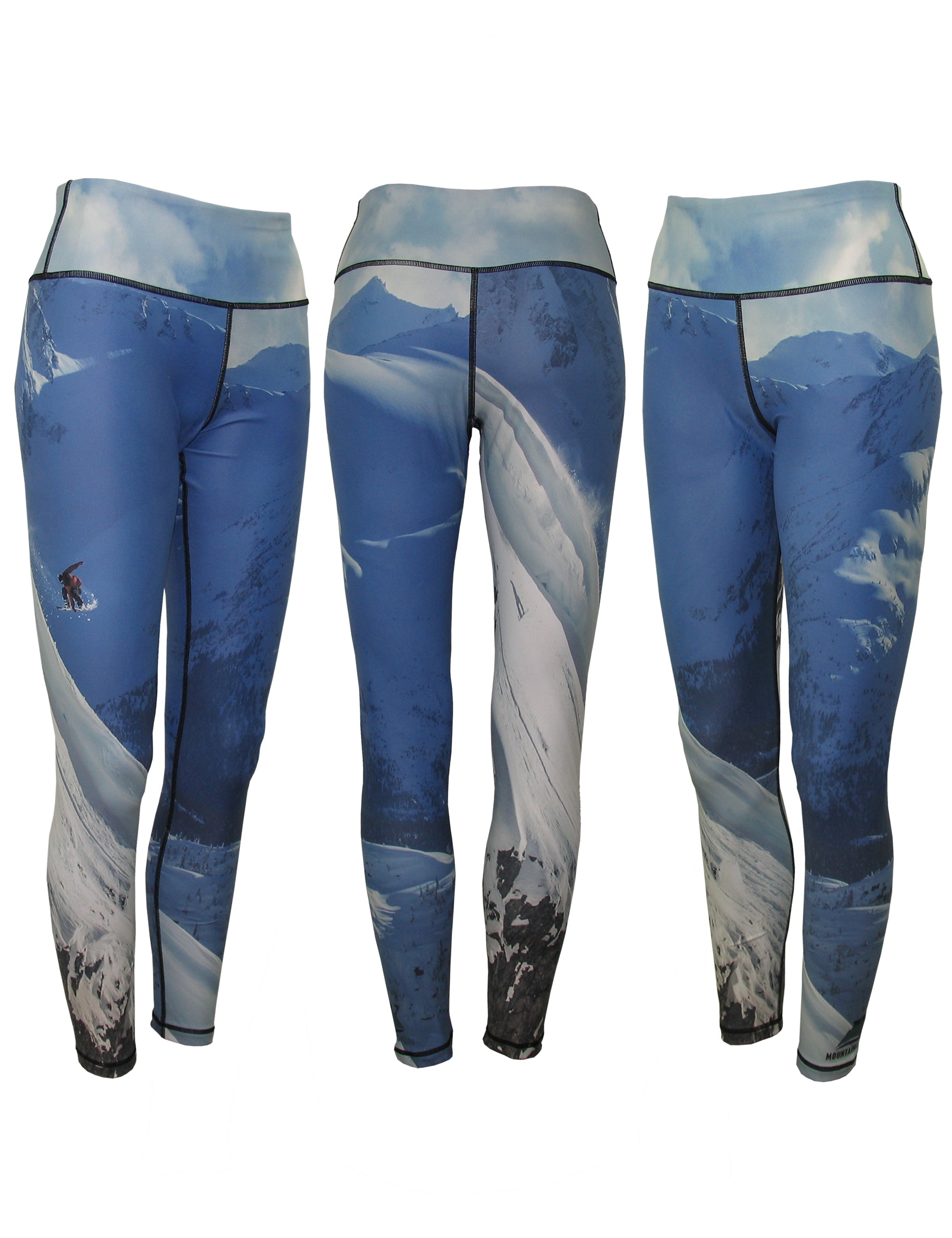 Cognito Brands snowboarder mountain print all sport leggings featuring a vibrant winter mountain pattern.