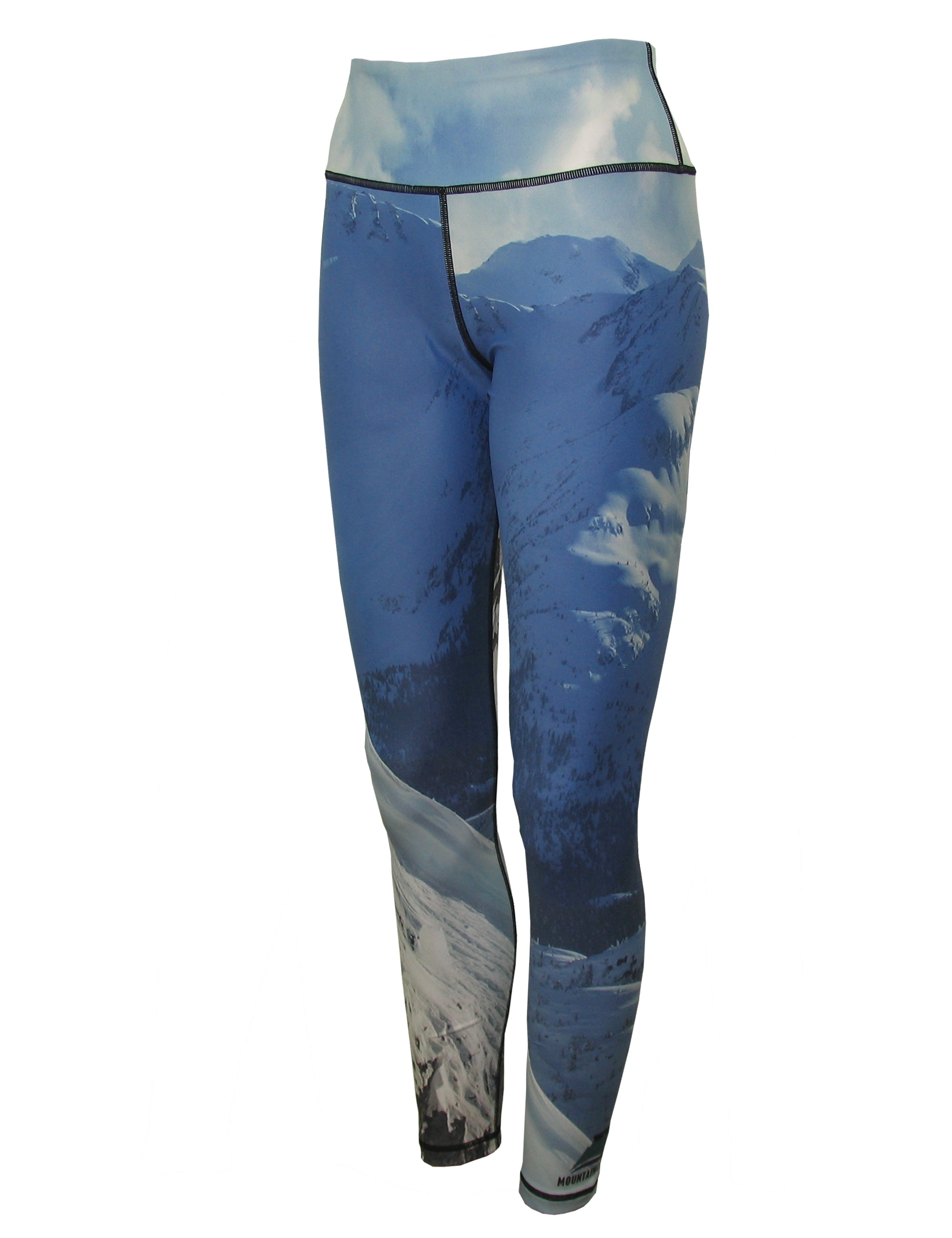 All sport leggings by Cognito Brands featuring a mountain print pattern and snowboarder design, suitable for active wear.