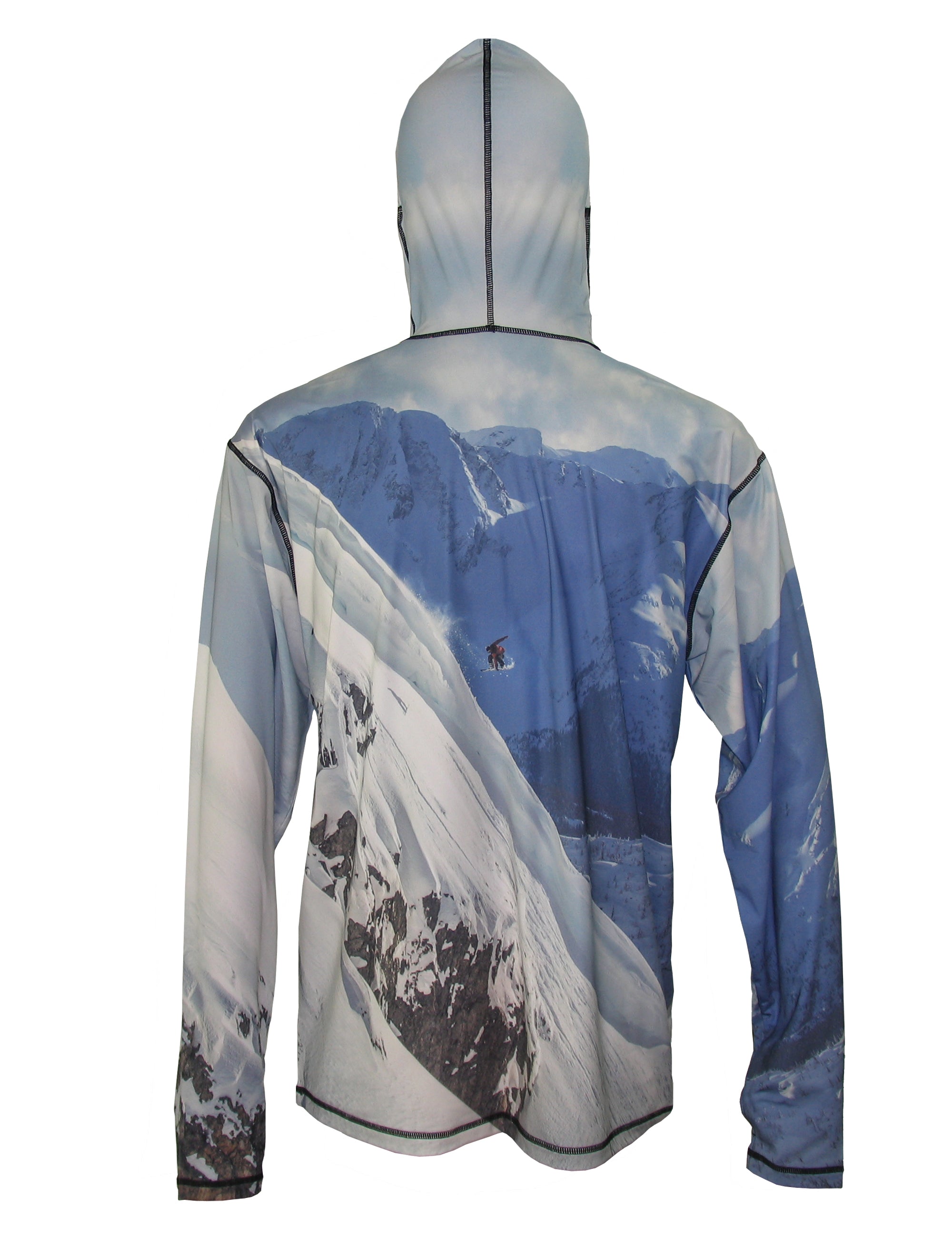 Back view of a Sunpro hoodie by Cognito Brands, featuring a mountain graphic and snowboarder design on a lightweight hoodie.