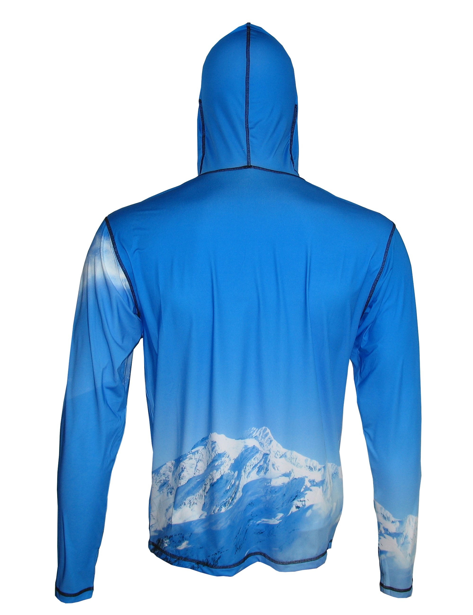 Back view of Sunpro Hoodie by Cognito Brands, Inc., featuring a mountain graphic and snowboarder design on a lightweight hoodie.