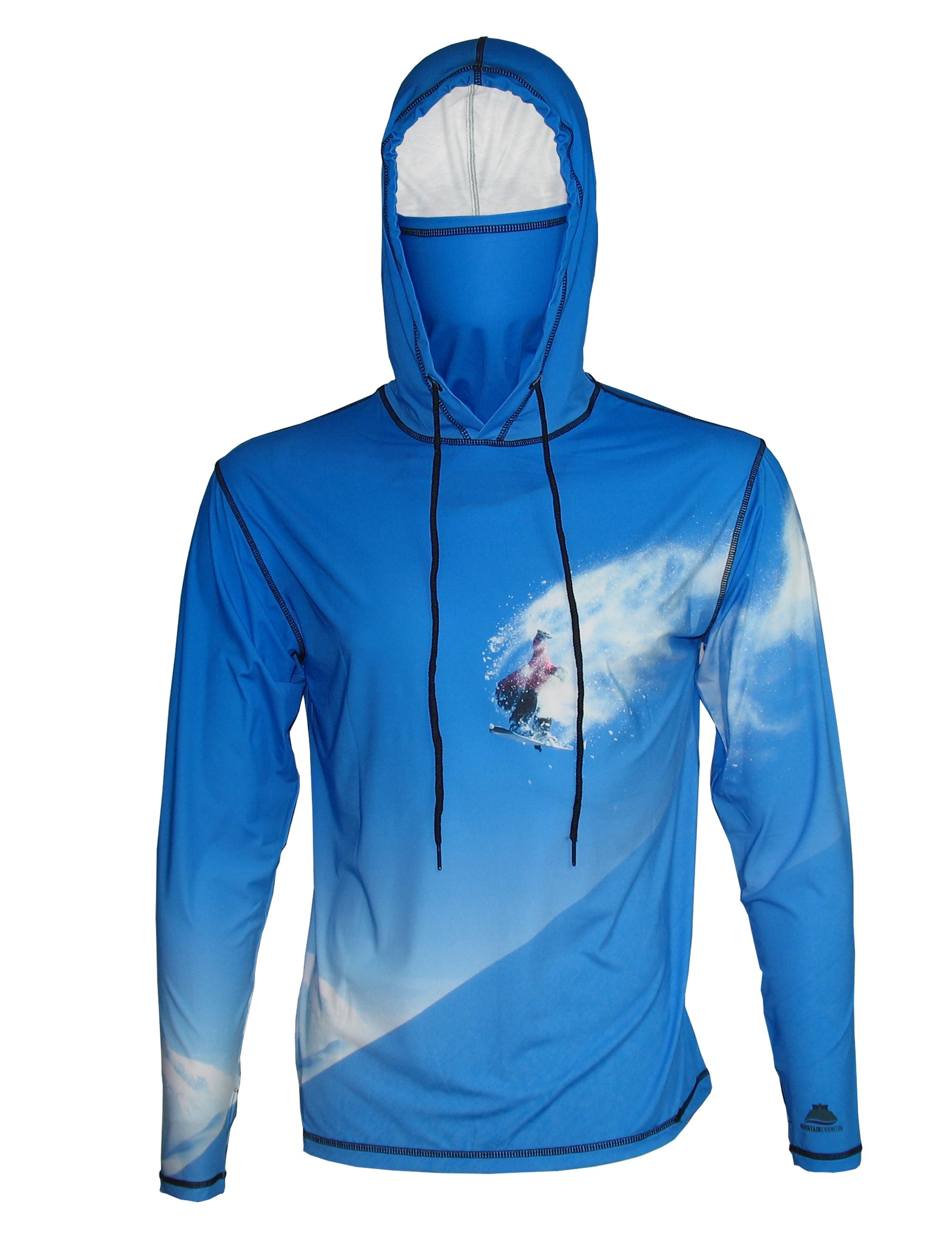 Front view of a Sunpro Hoodie by Cognito Brands featuring a mountain graphic and snowboarder design on a lightweight hoodie.