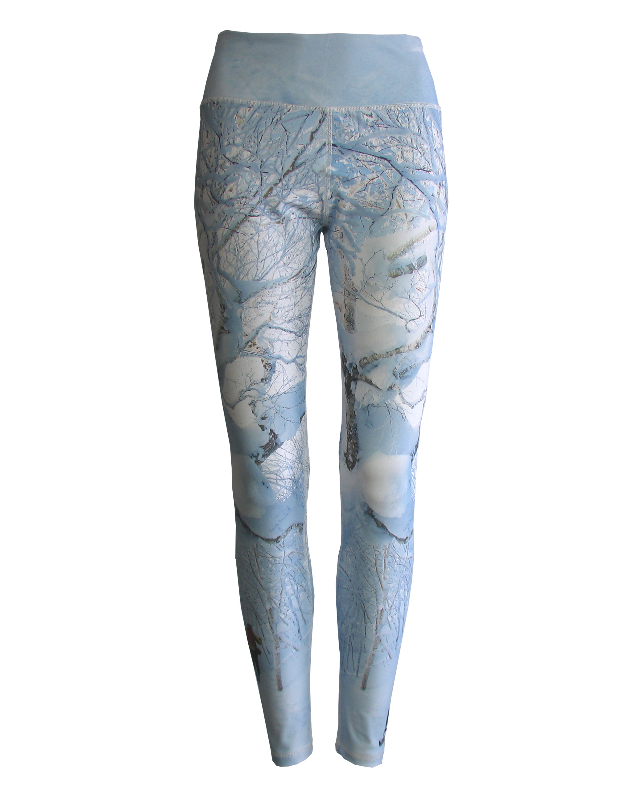 Front view of Snowcrossed mountain print all sport leggings by Cognito Brands, Inc., featuring a bold snowy mountain pattern.
