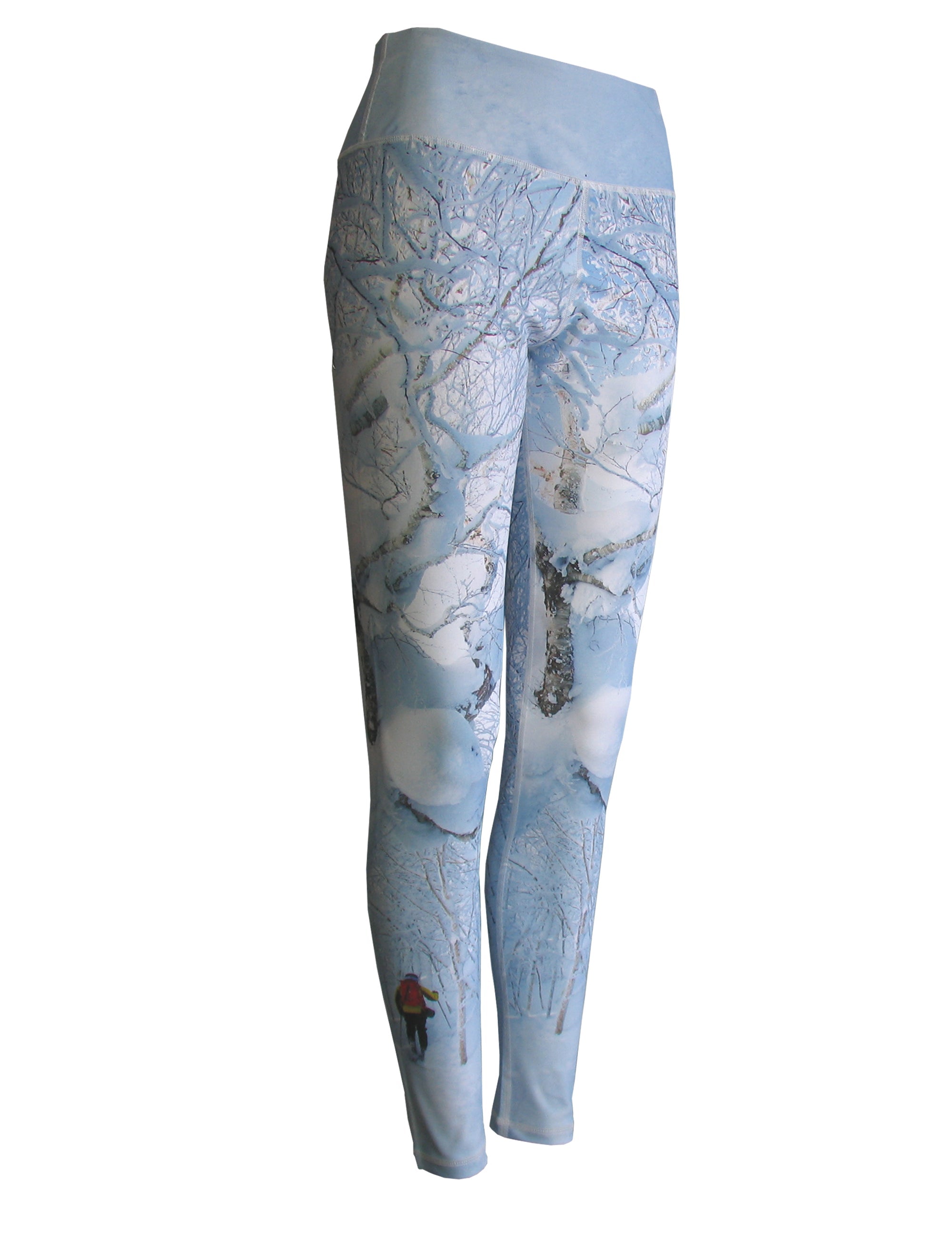 All sport leggings with snowcrossed mountain print pattern by Cognito Brands, Inc., featuring a close-up of the patterned fabric.
