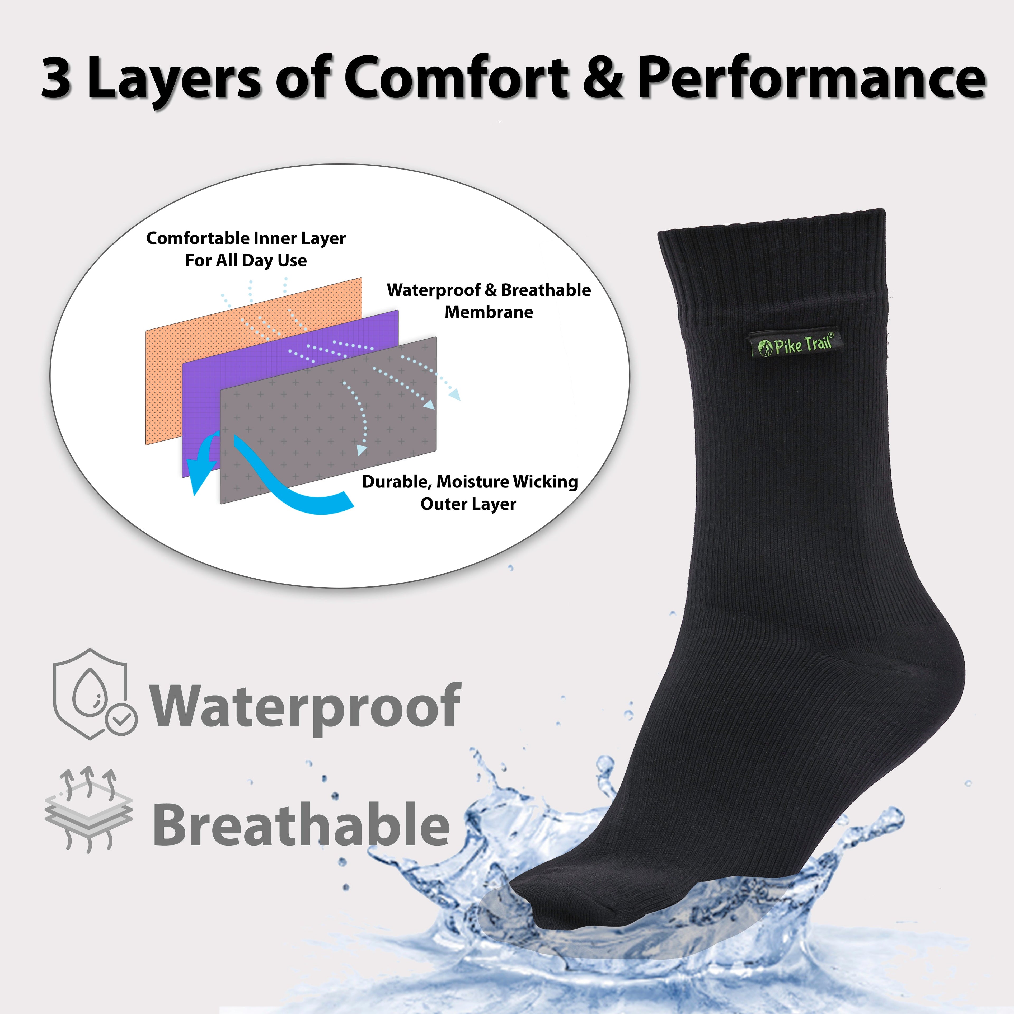 Infographic showing Pike Trail waterproof breathable socks with layered features for moisture-wicking and comfort.