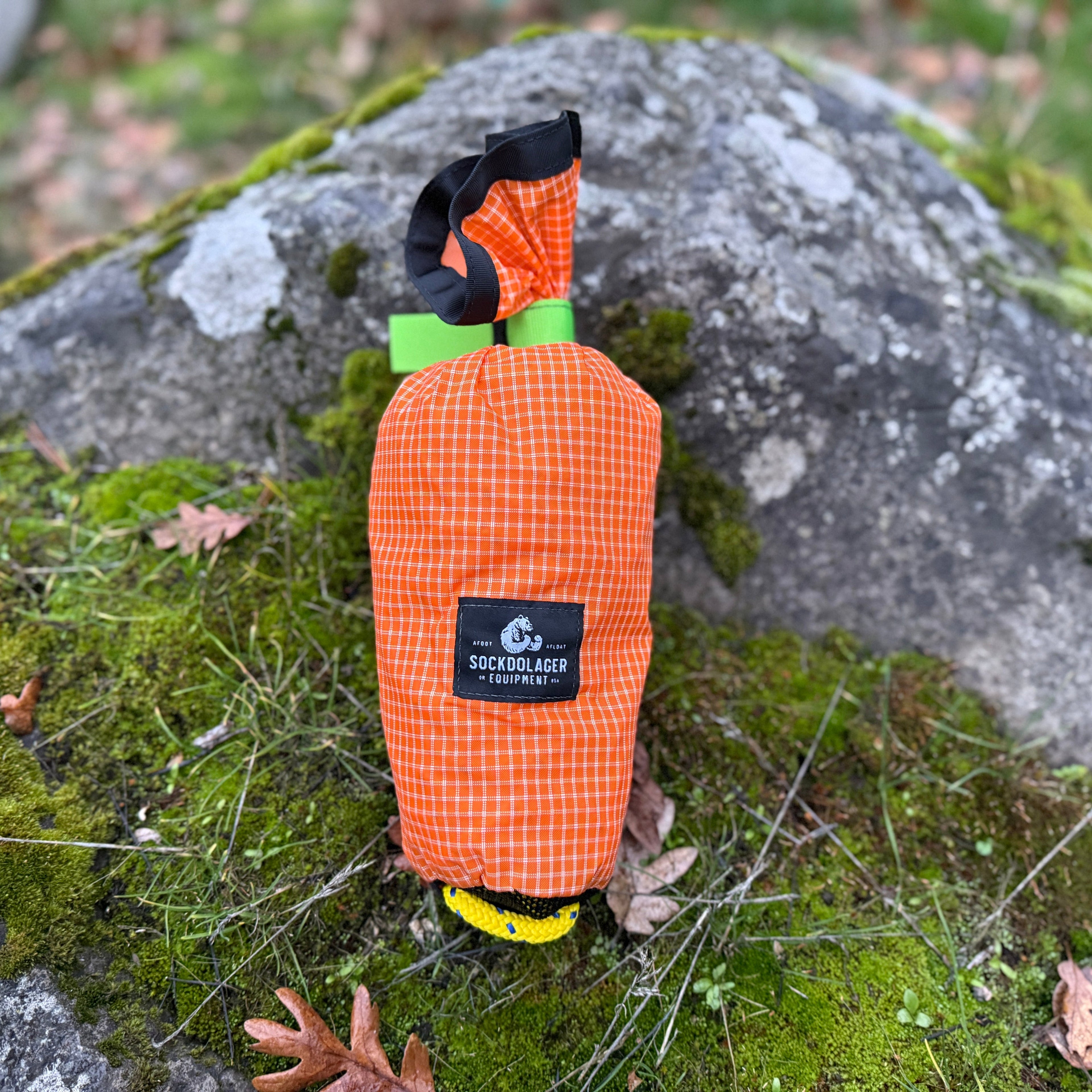 River Hardware Flare 55' throw bag with bright orange sockdolager design for water rescue and safety.