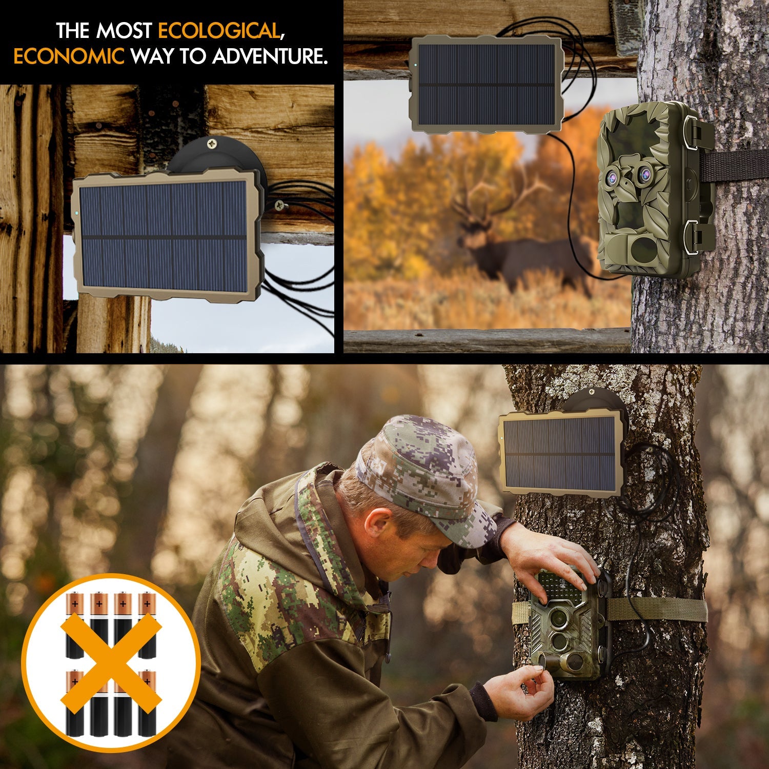 Rexing universal outdoor solar panel for trail cameras, showing a compact solar panel with mounting hardware and outdoor setup.