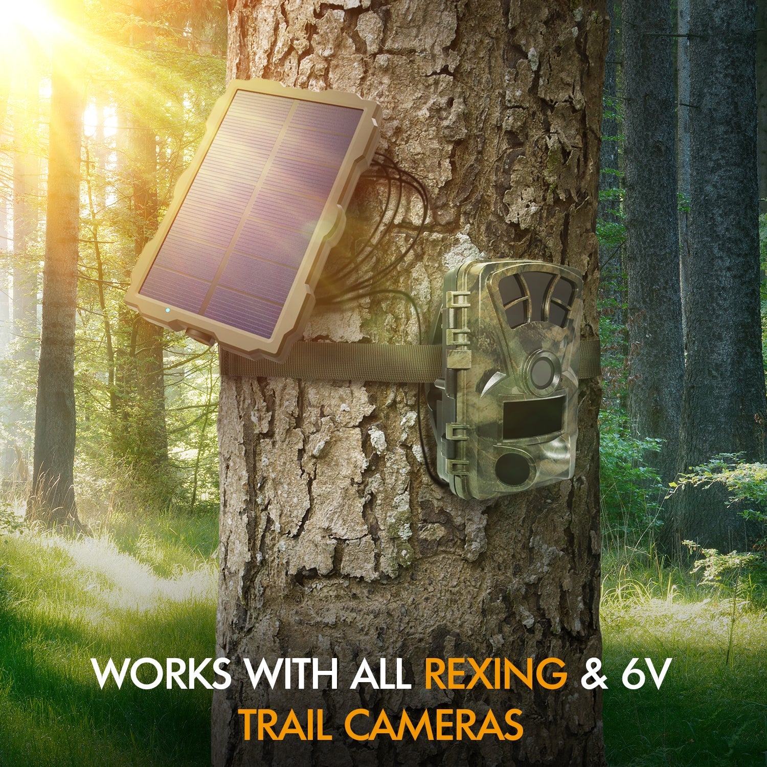 Rexing universal outdoor solar panel for trail cameras, showing a sleek black solar panel with mounting hardware.