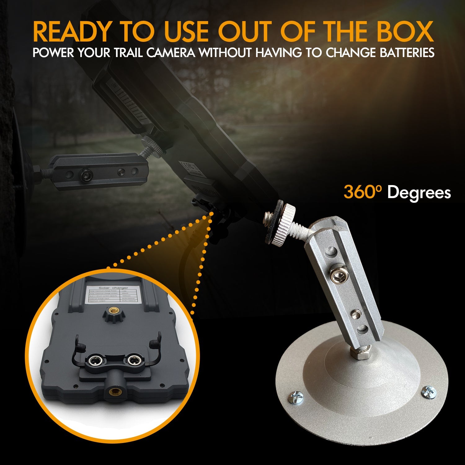 Rexing outdoor trail camera with universal solar panel attached, showcasing solar-powered outdoor camera setup.