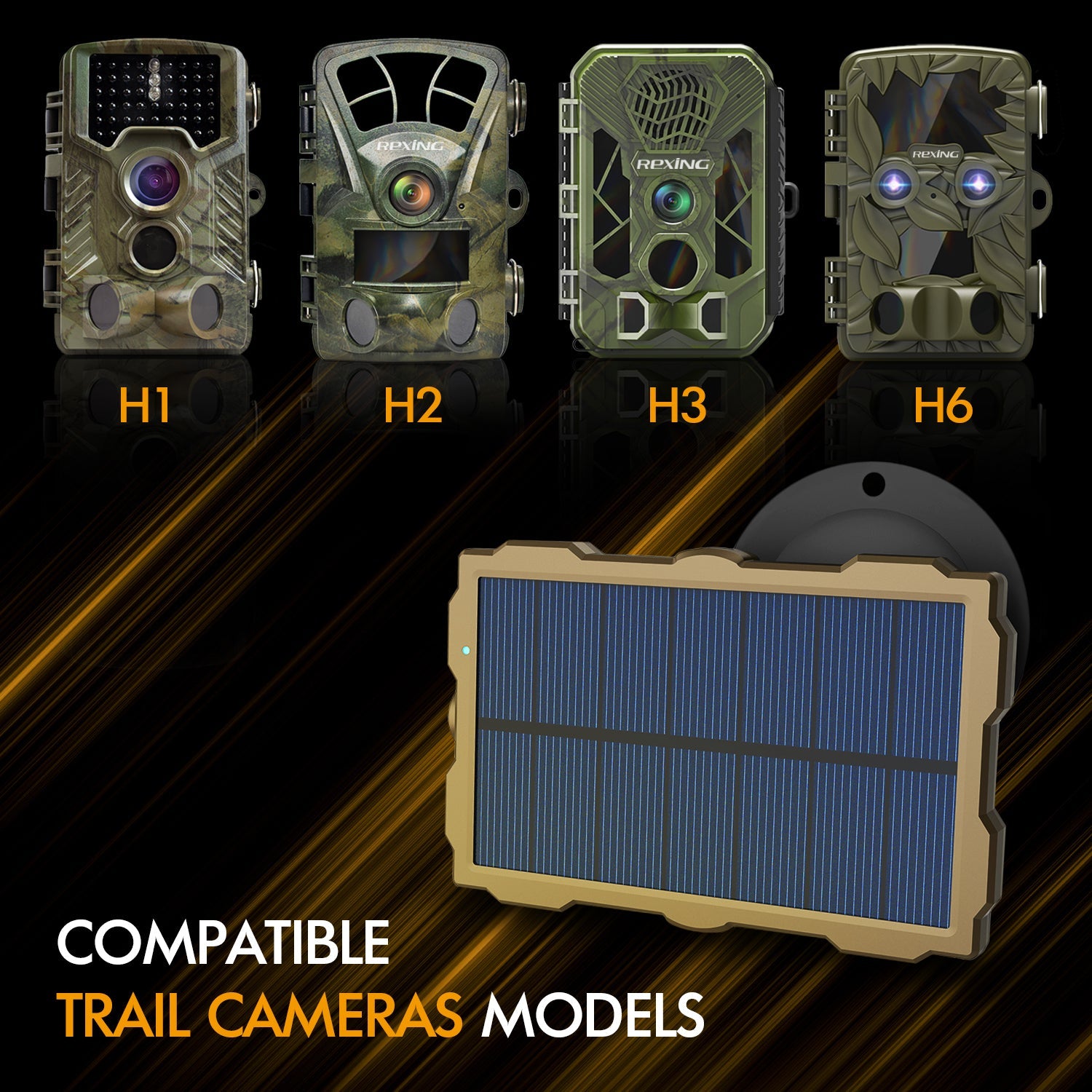 Rexing universal outdoor solar panel for trail cameras, with multiple solar cells and weather-resistant design.