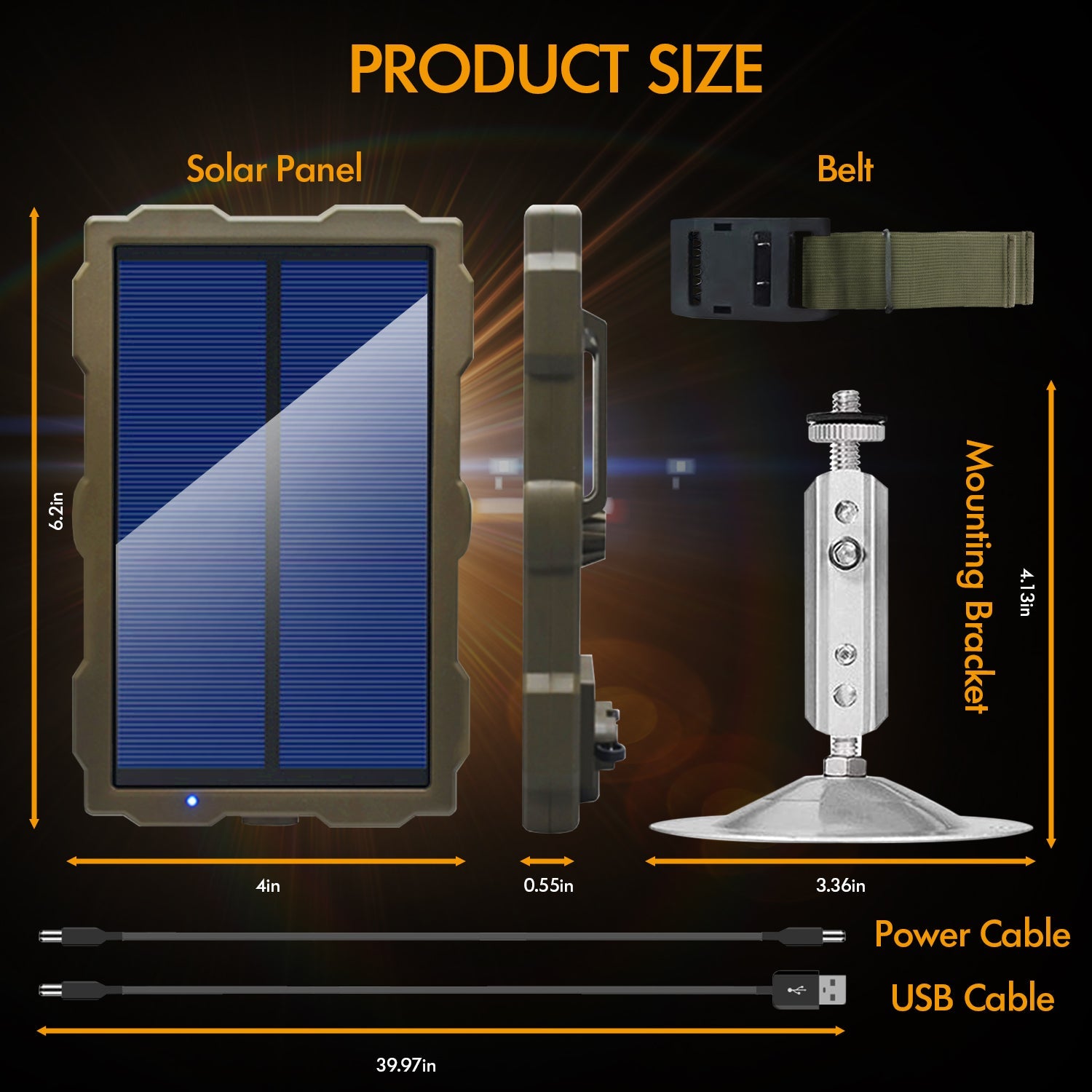 Rexing universal outdoor solar panel for trail cameras, showing a sleek black solar panel with mounting brackets and wiring.