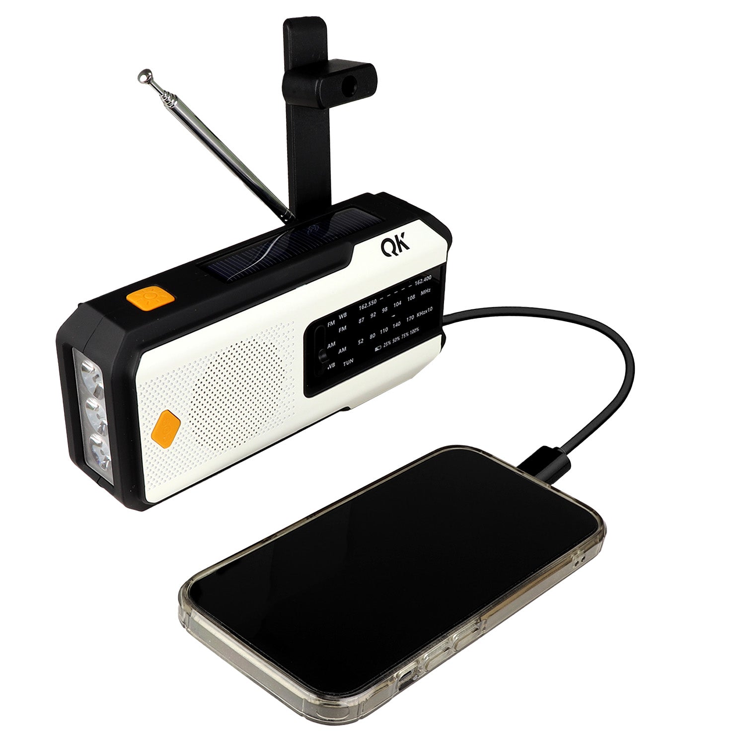 Quakekits 4-in-1 NOAA weather band radio and flashlight with solar, dynamo, and USB charging for emergency use.