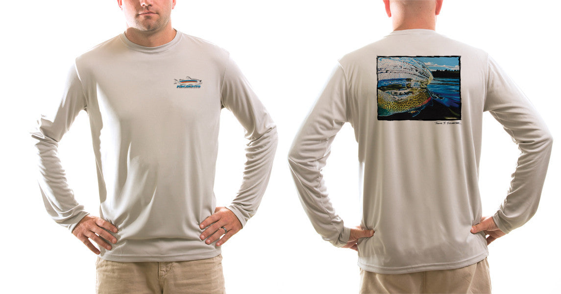 Men's Sun Protective Fishing Shirt Grey/Whiplash Rainbow Trout - OVERLANDERS Outfitter
