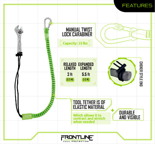 Frontline TLS15 ToolGrip elastic tool tether with steel turn lock carabiner for work safety harnesses by VM Hardware