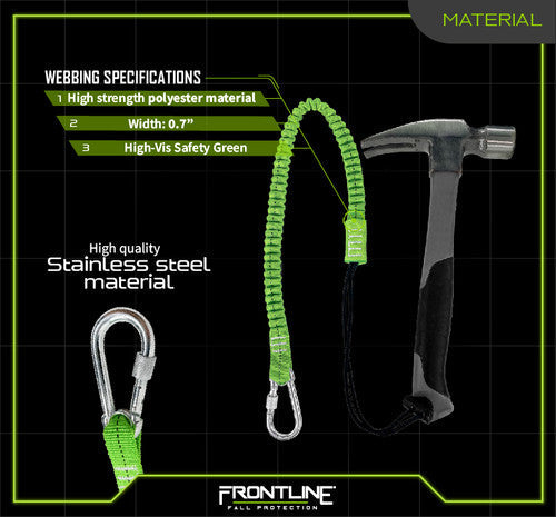 VM Hardware Frontline TLS15 ToolGrip elastic tether with steel turn lock carabiner, designed for work safety harnesses and 15 lbs load capacity