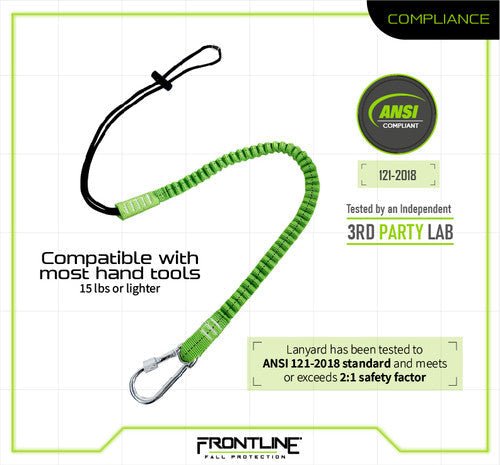 VM Hardware Frontline TLS15 ToolGrip elastic tool tether with steel turn lock carabiner, rated for 15 lbs, for work safety harnesses