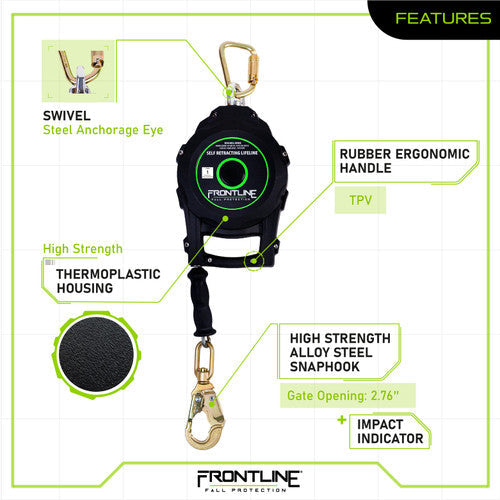 Frontline RPG10 10' Cable Single Leg SRL with Steel Snap Hook End with Carry on Handle and Tagline