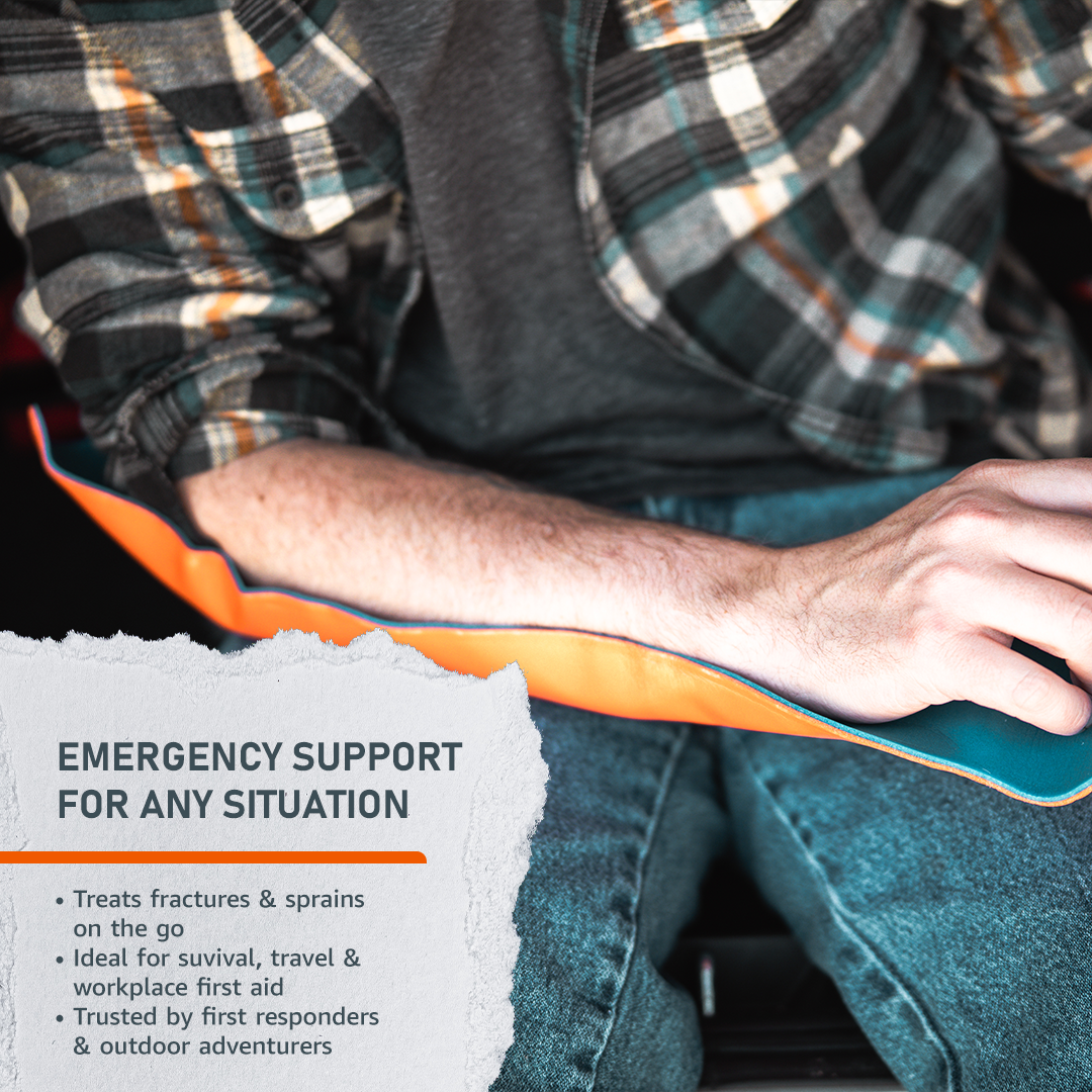 Emerge Survival adjustable splint with foam padding and straps, designed for immobilizing injured limbs during emergencies.