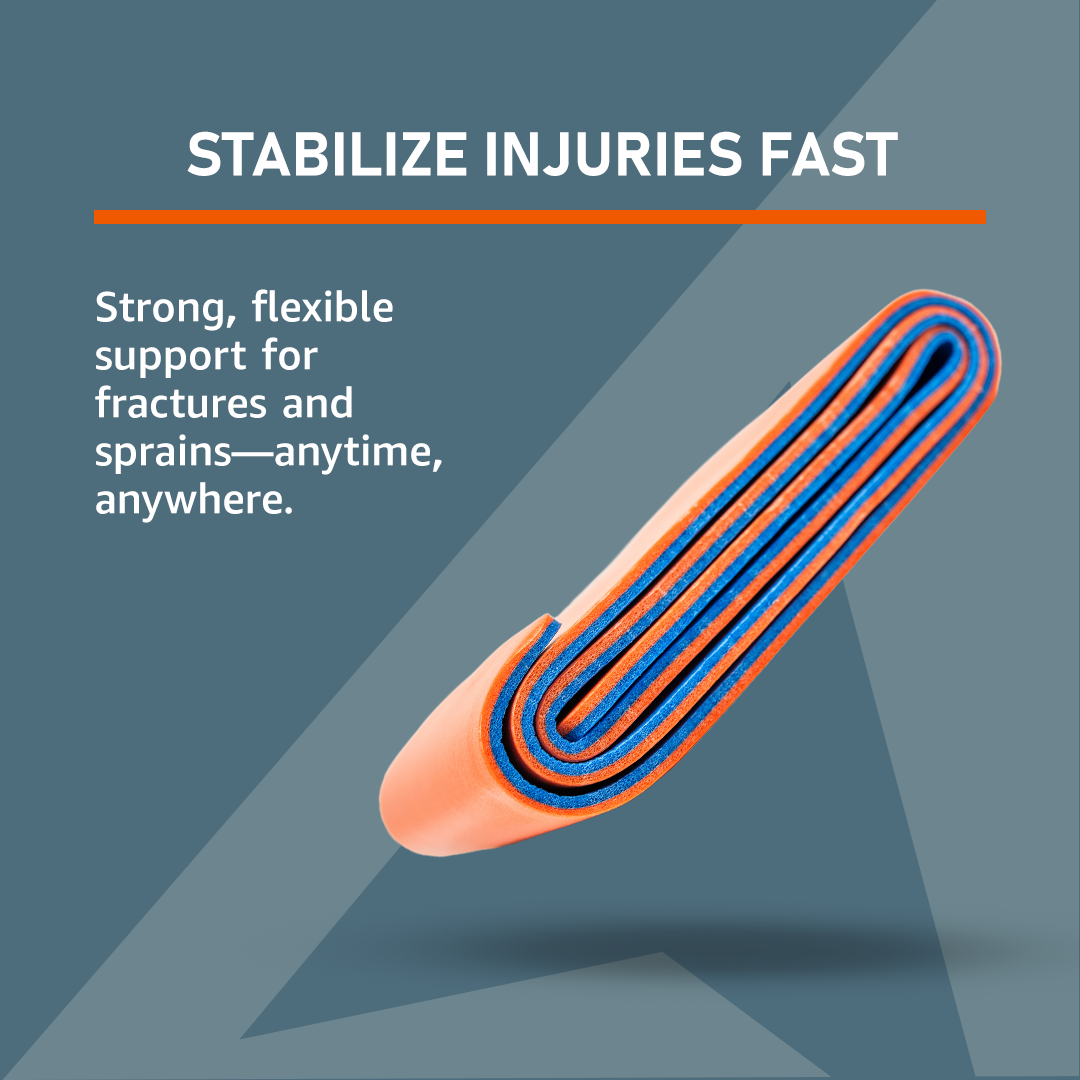 Adjustable Emerge Survival splint shown in a split position with straps ready for stabilization and support.