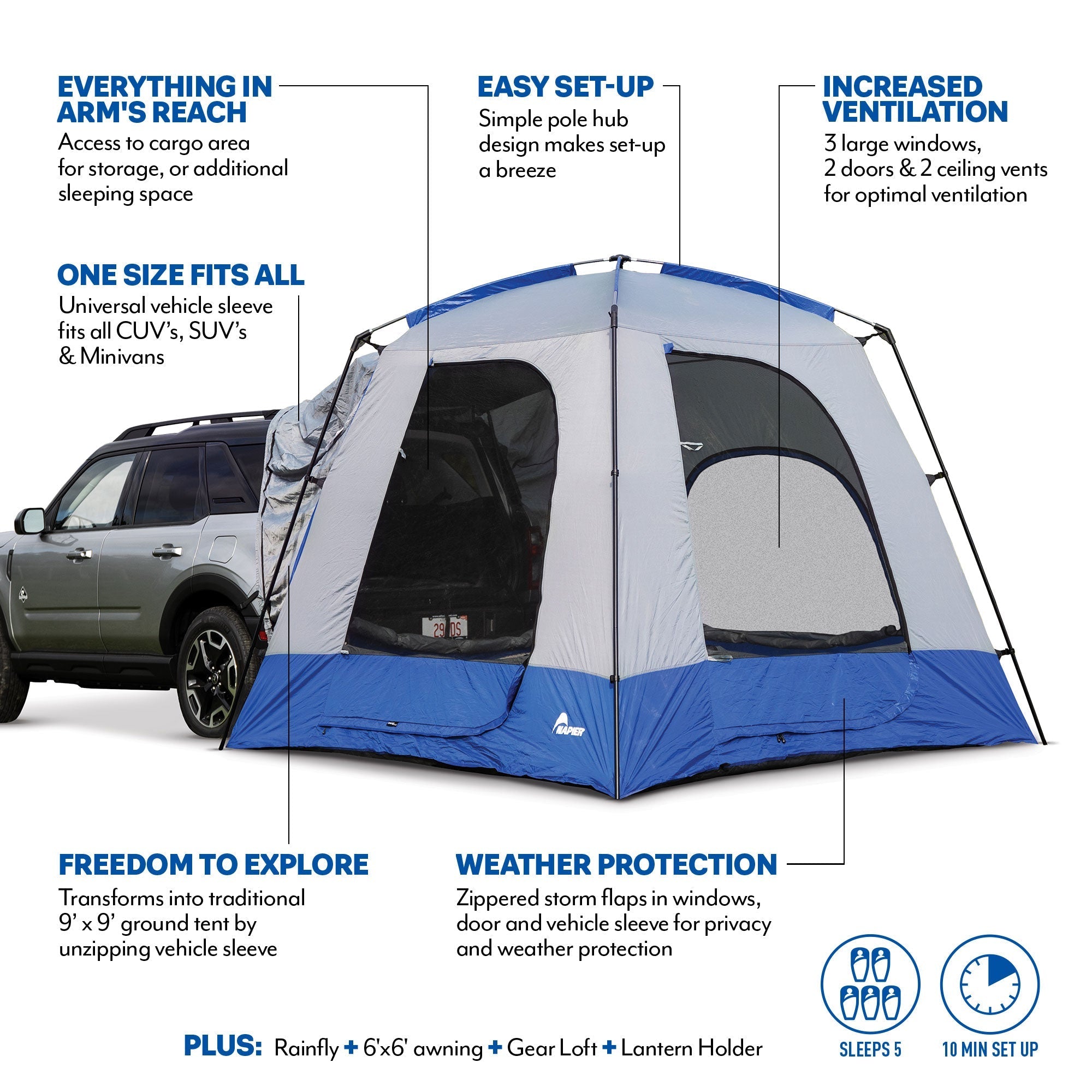 Backcountry Sportsman Sportz SUV Tent set up on a vehicle, showcasing its spacious design and durable waterproof fabric for outdoor camping.