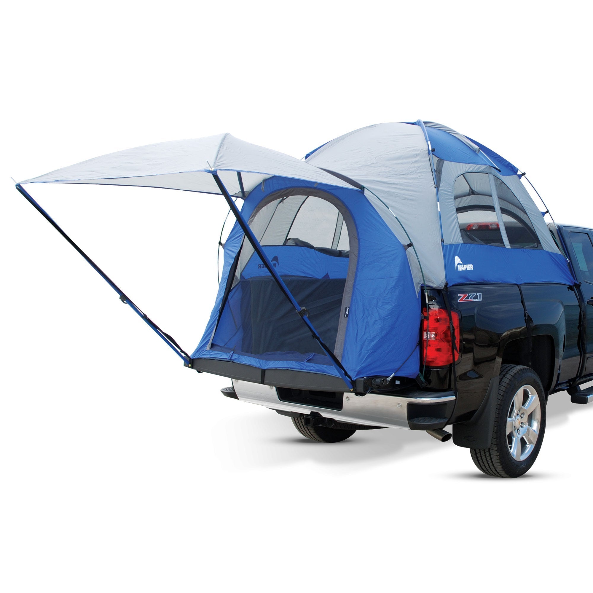 Backroadz 13 Series truck tent by Backcountry Sportsman set up on a pickup truck, showing its spacious interior and rugged exterior.
