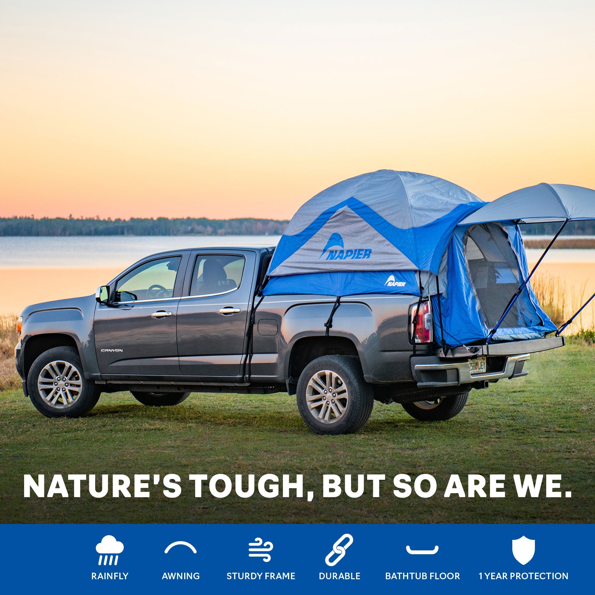 Backroadz Truck Tent 13 Series by Backcountry Sportsman set up on a pickup truck in a forest setting.