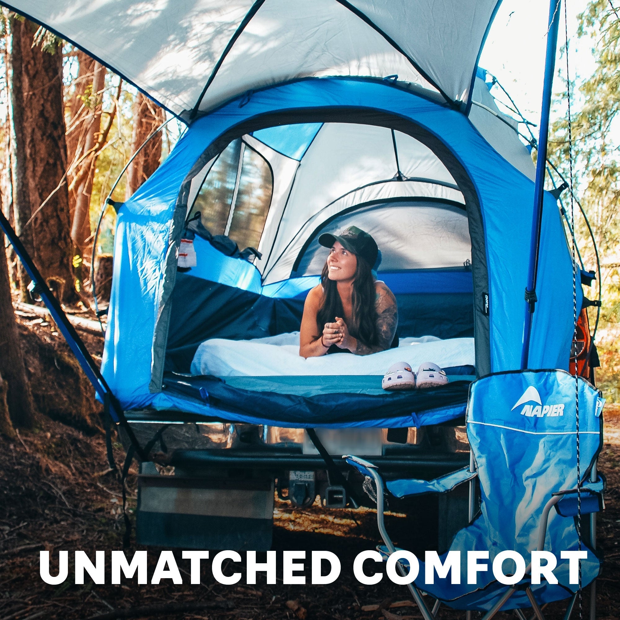 Backroadz Truck Tent 13 Series by Backcountry Sportsman set up on a pickup truck, showcasing its spacious design for outdoor camping.