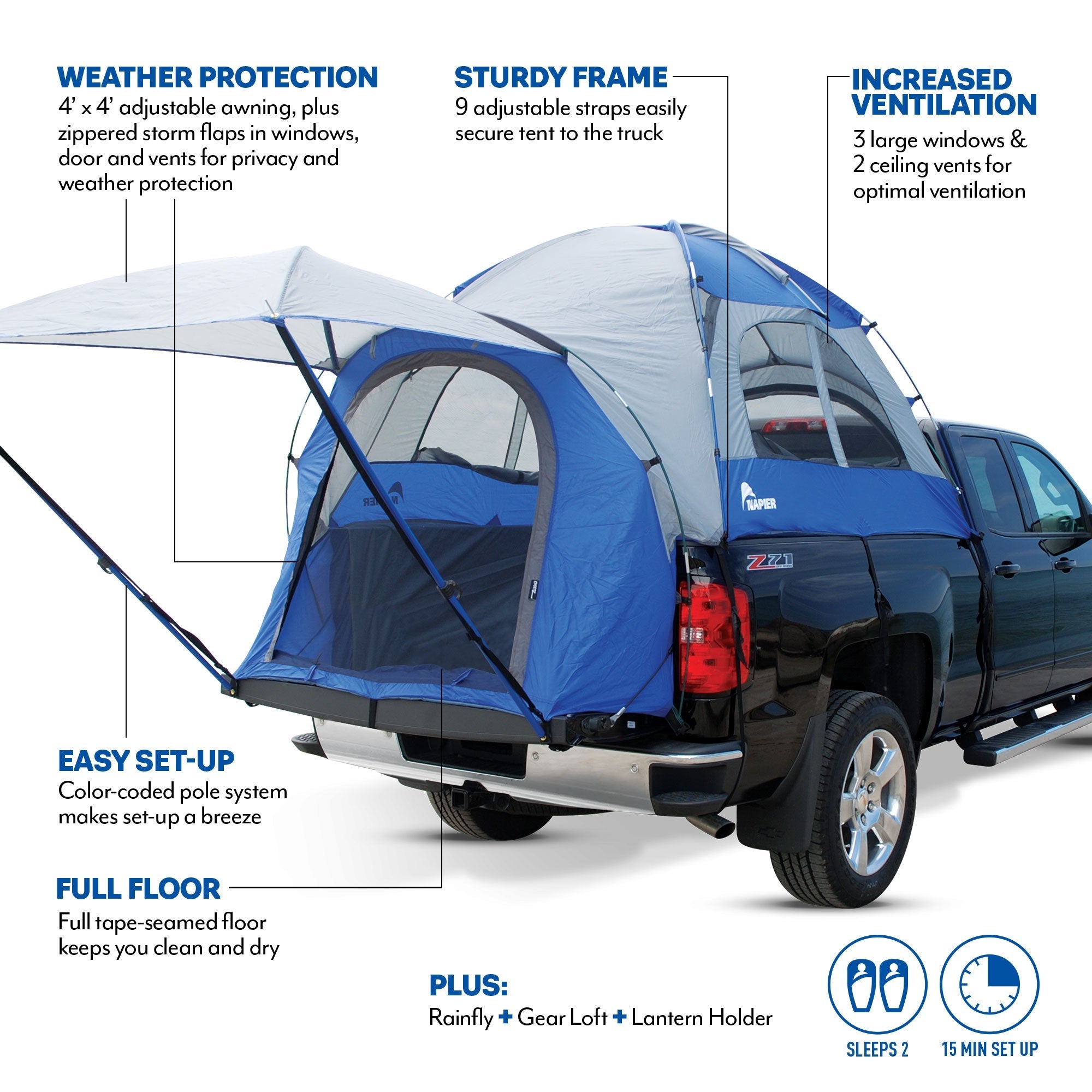 Backroadz Truck Tent 13 Series by Backcountry Sportsman set up on a pickup truck for camping in outdoor environment.
