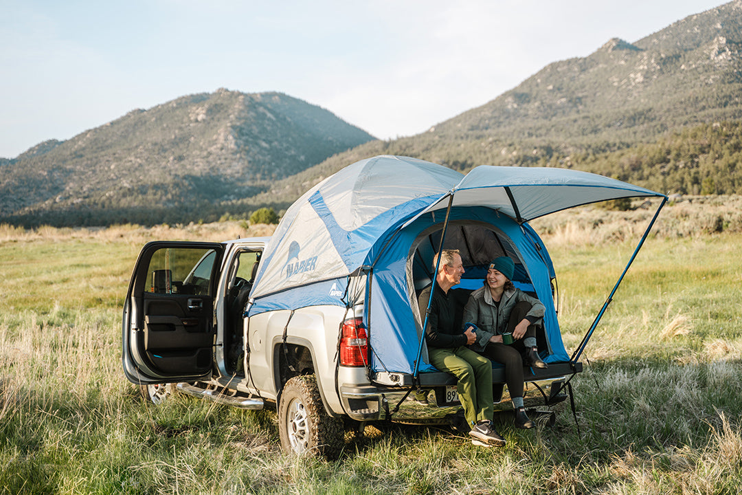 Backroadz 13 Series Truck Tent by Backcountry Sportsman set up on a pickup truck, showing its spacious design and waterproof fabric.