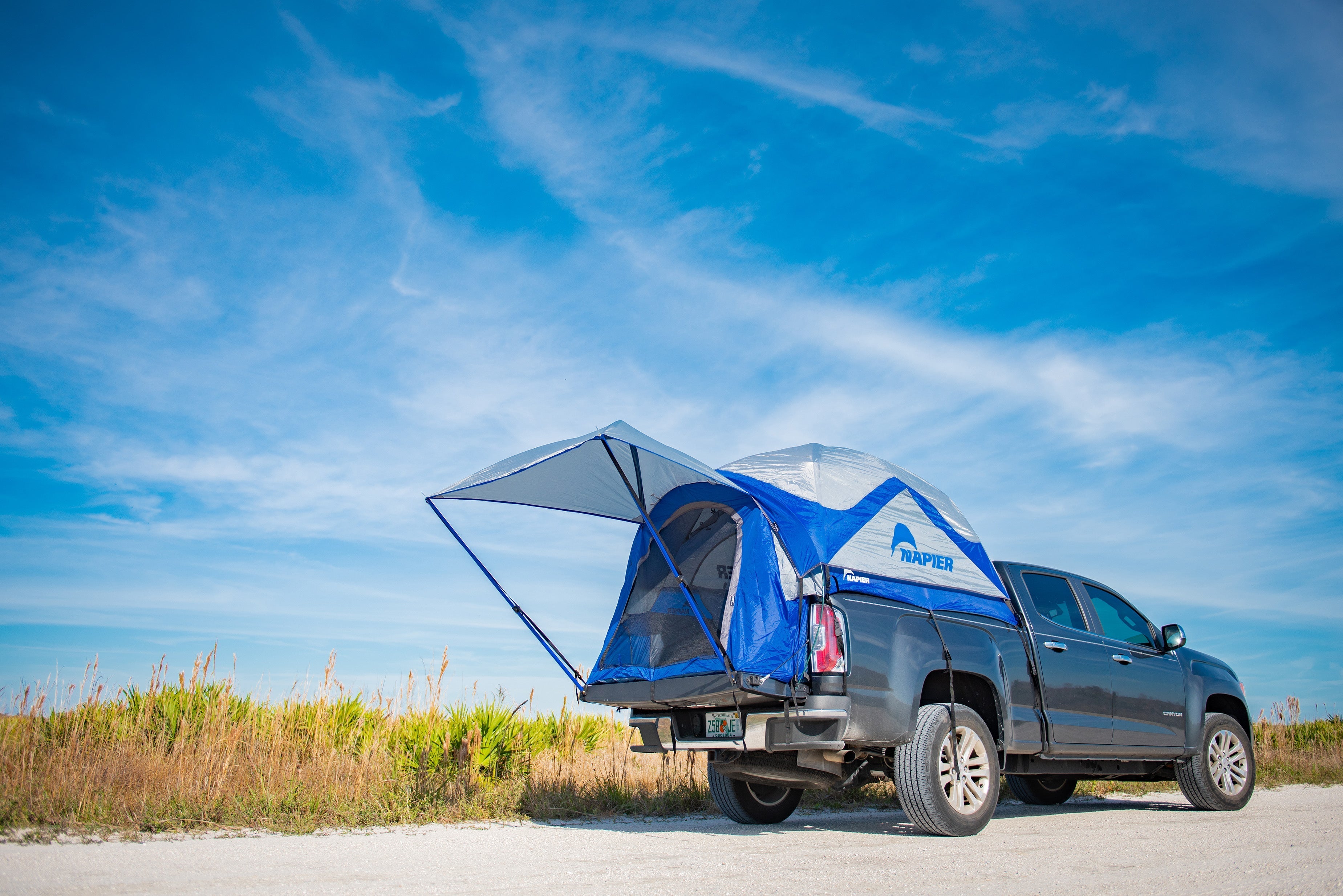 Backroadz 13 Series Truck Tent by Backcountry Sportsman set up on a pickup truck, showing its spacious design and durable fabric.