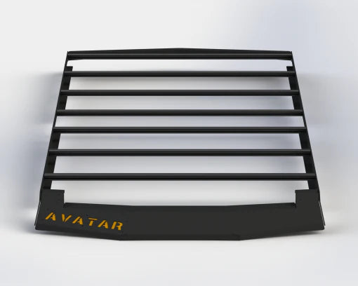 Front angle view of Avatar Offroad Ultra Rack, a low profile roof rack designed for Sprinter vans, mounted on the vehicle's roof.